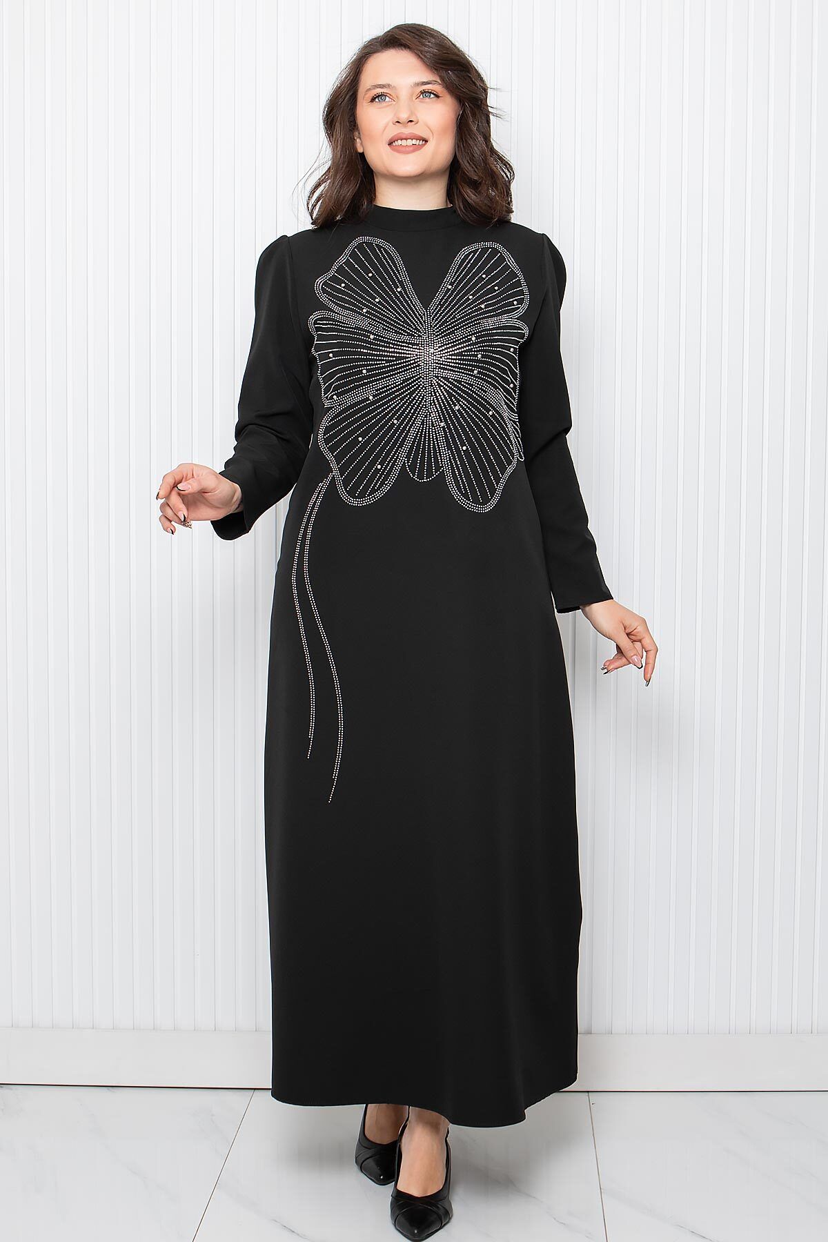 SUBU TASARIM-Black Evening Dress with Stone Print Detail, Tbs948 1