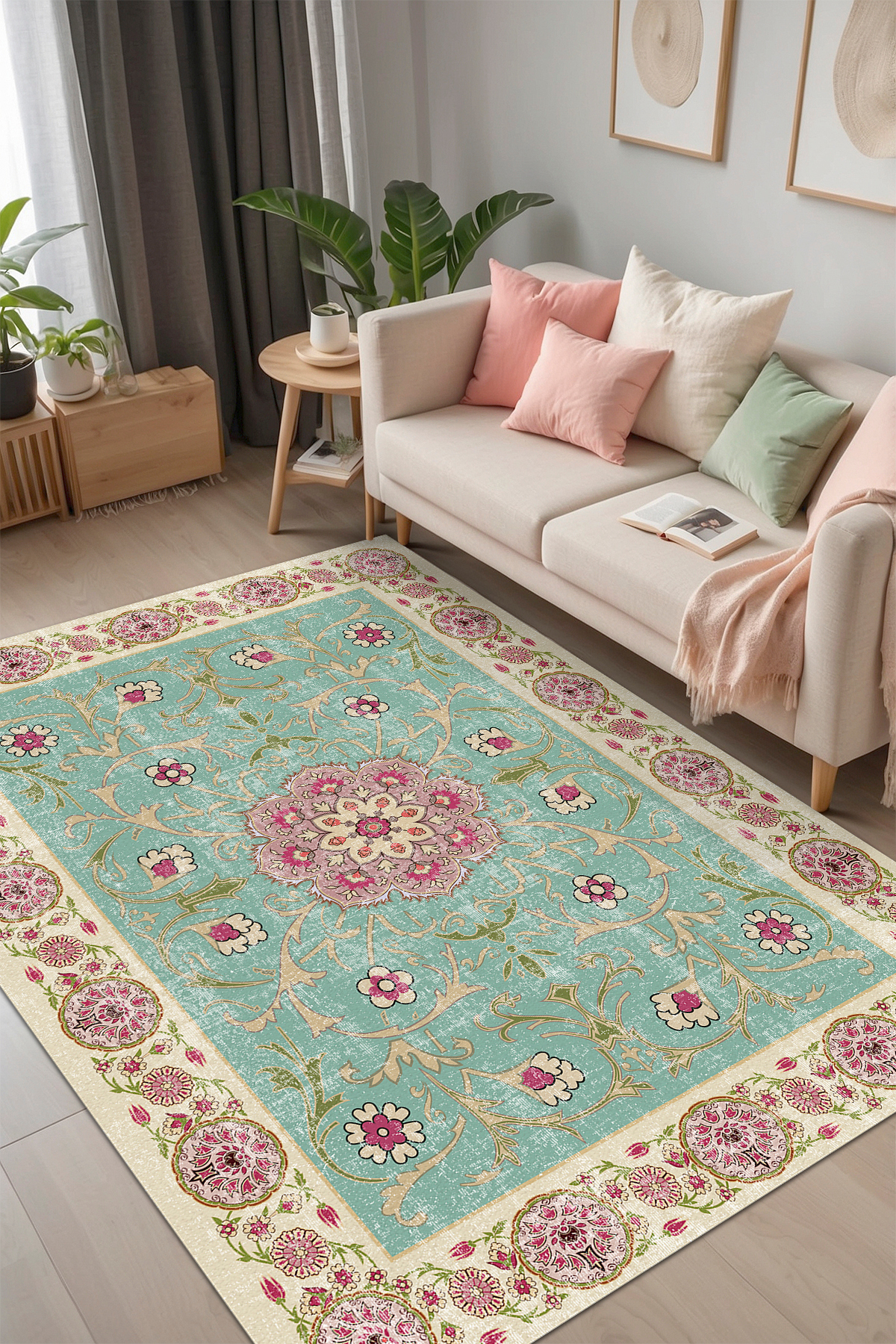 Visina Vintage Patterned Cotton Based Washable Anti-Slip Antibacterial Chenille Living Room Rug