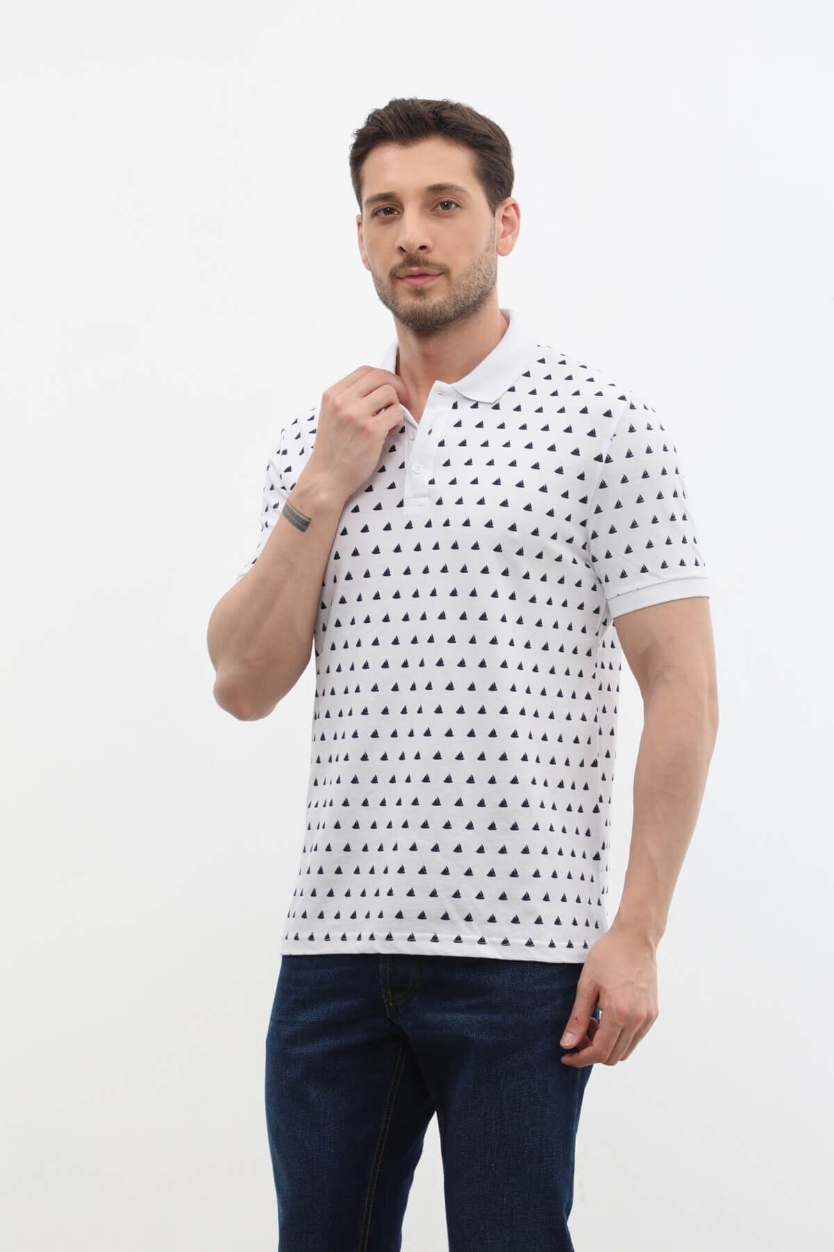 MARKAPIA-Sail Patterned Polo Collar Men's T-Shirt - 100% Cotton 3