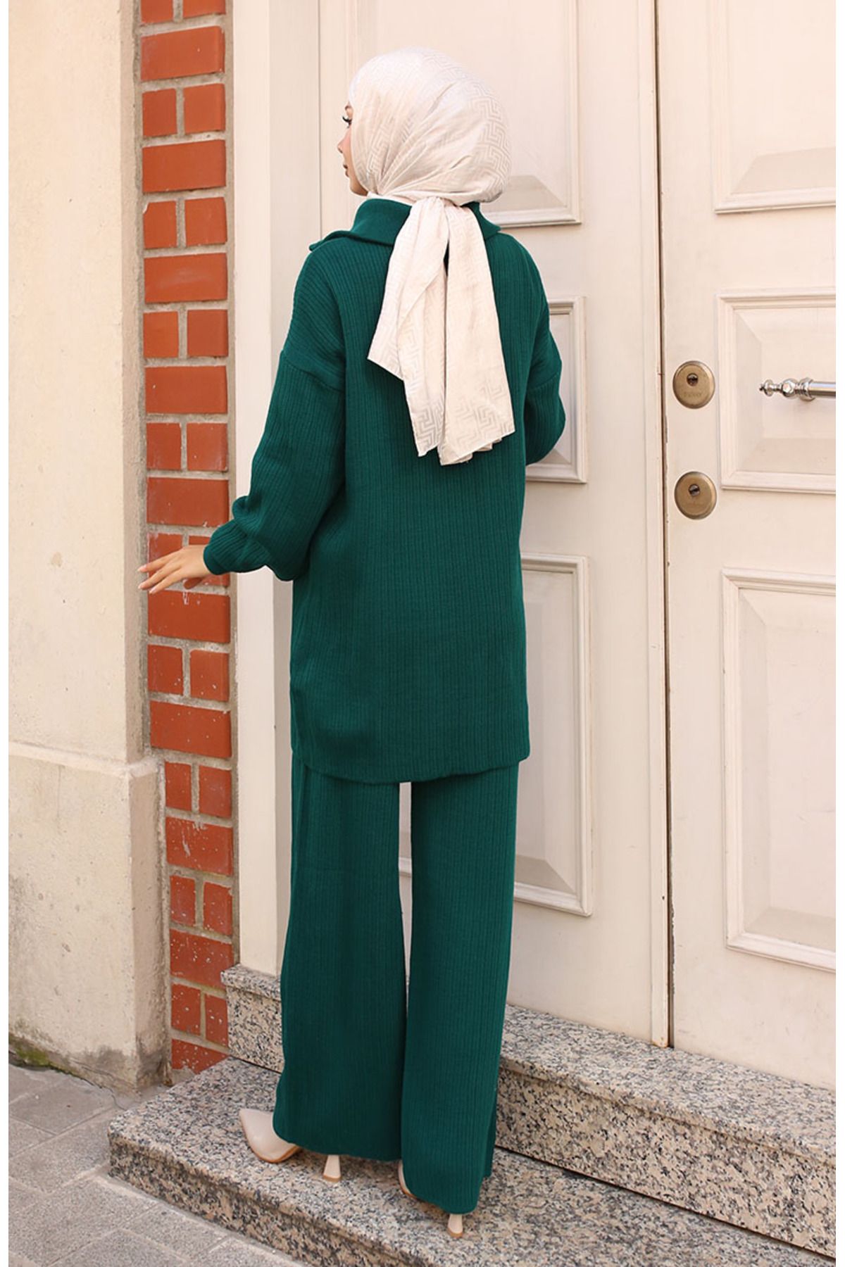 sefamerve-Ribbed Knitwear Set - Emerald Green, Zippered Collar, 11036-01 5