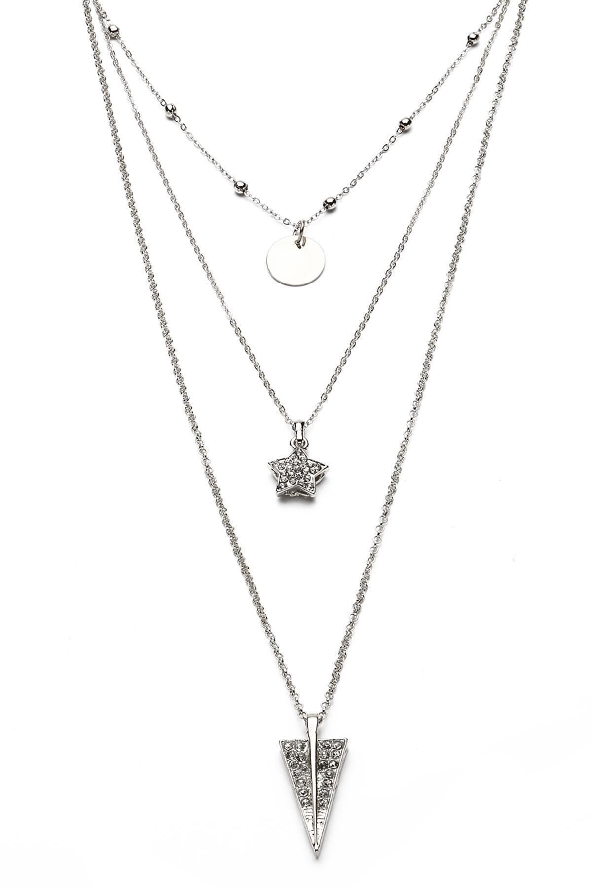 Modex-Geometric Triangle Shaped Triple Necklace with Silver Color Stones 4