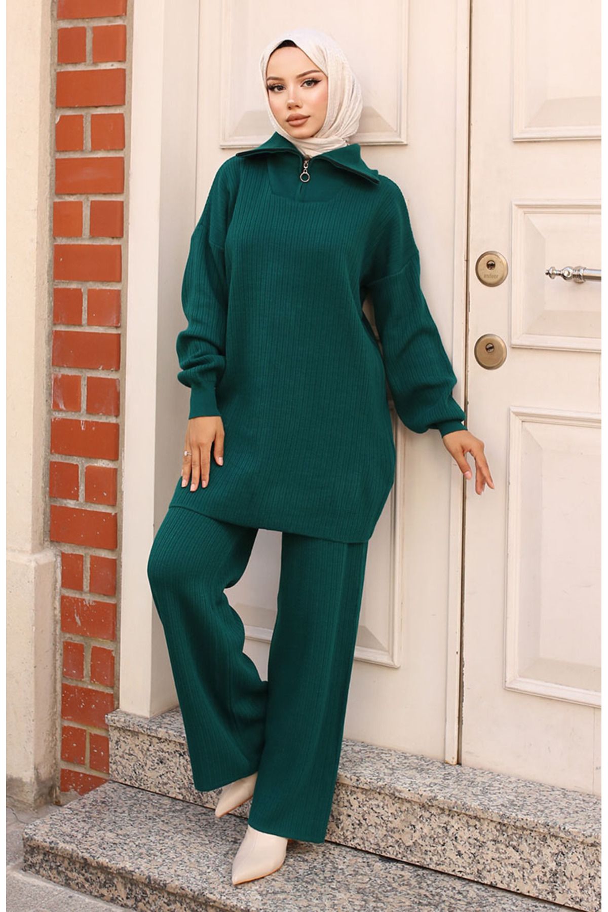 sefamerve-Ribbed Knitwear Set - Emerald Green, Zippered Collar, 11036-01 2