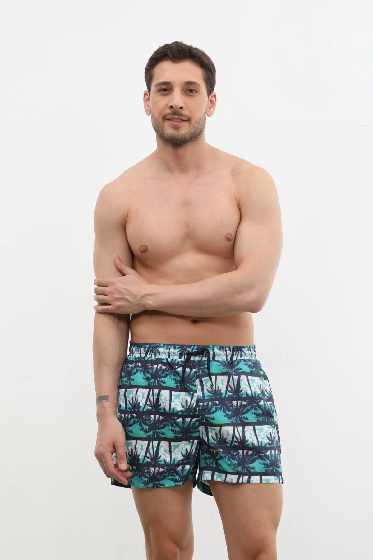 MARKAPIA-Modern Palm Tree Patterned Men's Swim Shorts - Pockets and Mesh 1