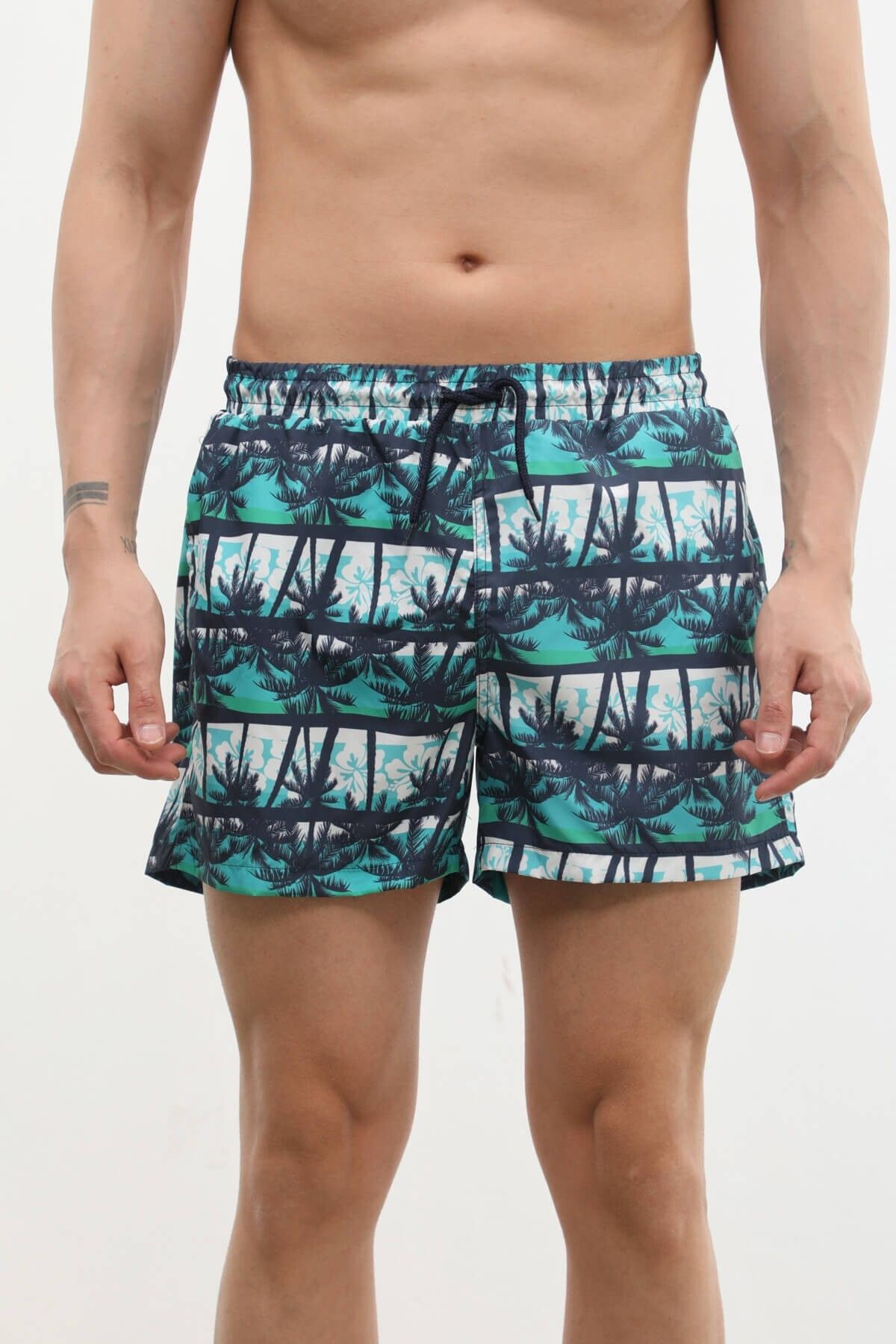 MARKAPIA-Modern Palm Tree Patterned Men's Swim Shorts - Pockets and Mesh 4