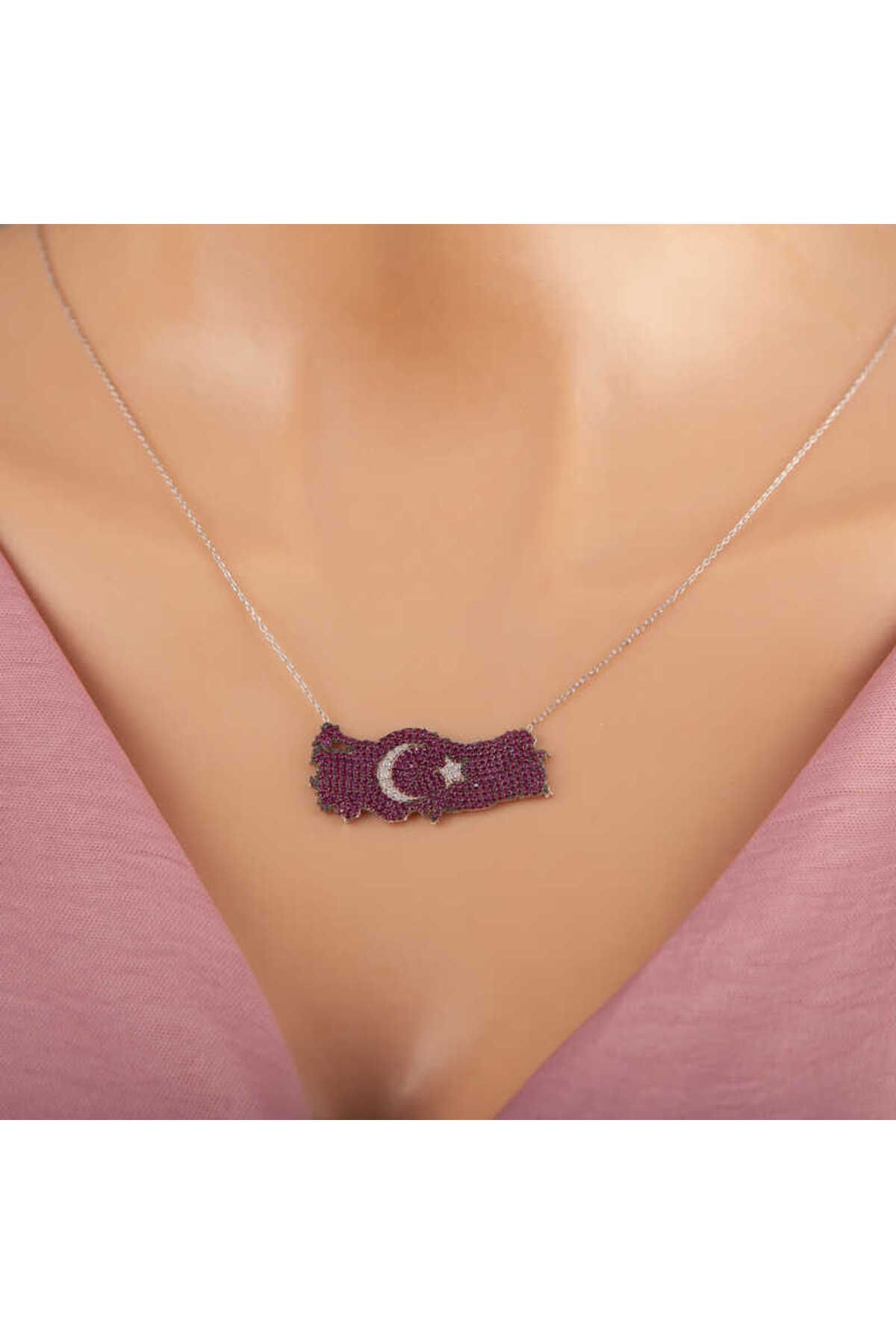 CRL STORE 925 Ayar Gümüş Ay Yıldız Türkiye Haritası Kadın Kolye