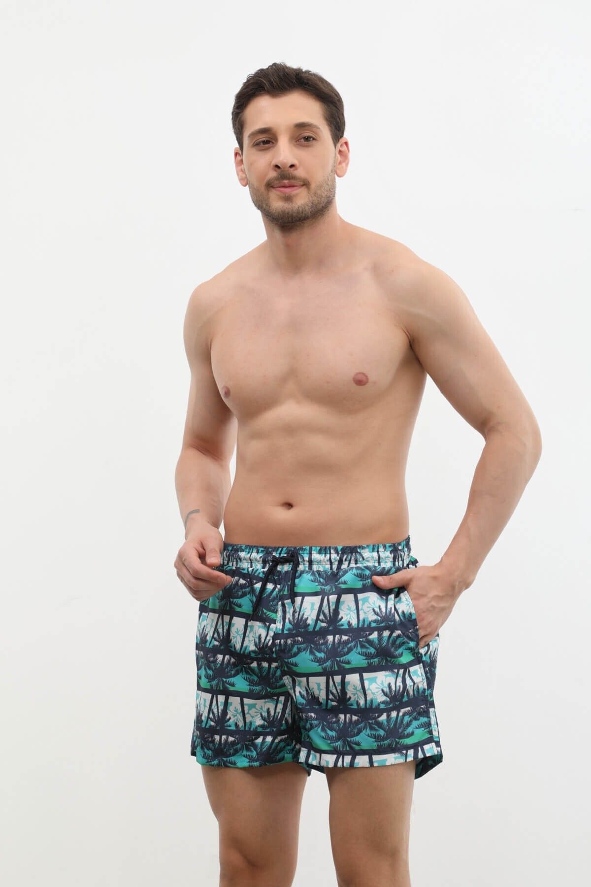 MARKAPIA-Modern Palm Tree Patterned Men's Swim Shorts - Pockets and Mesh 3