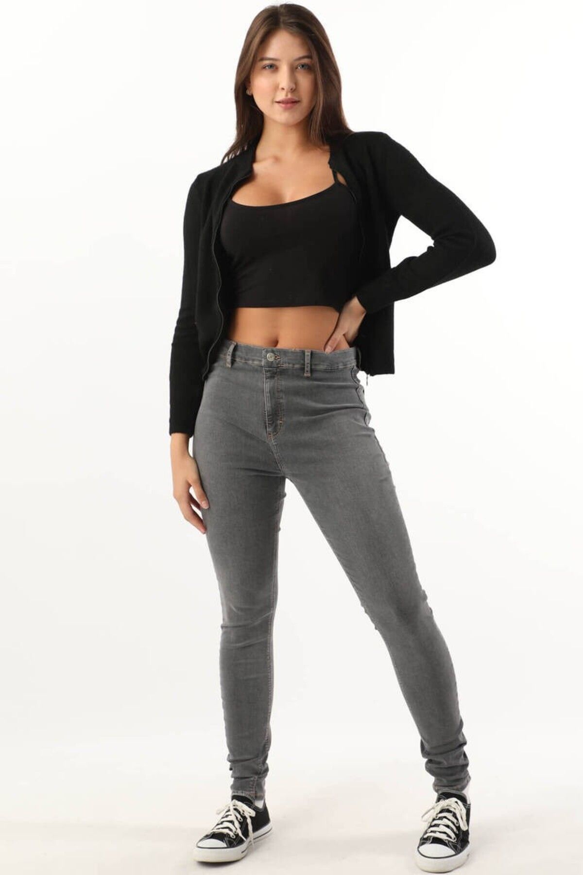 pantalon skinny taille haute pour femmes gris