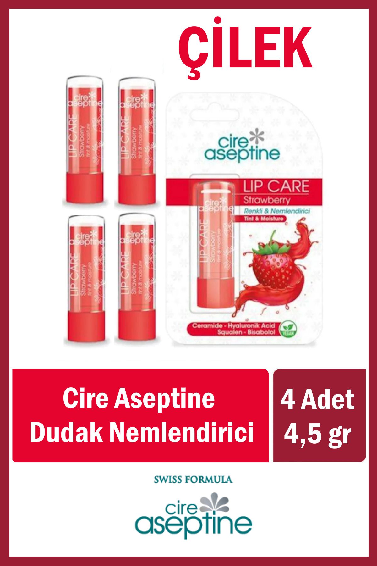 CIRE ASEPTINE Lip Care Strawberry (Çilek) Renkli Dudak Nemlendirici 4,5 G x 4 Adet