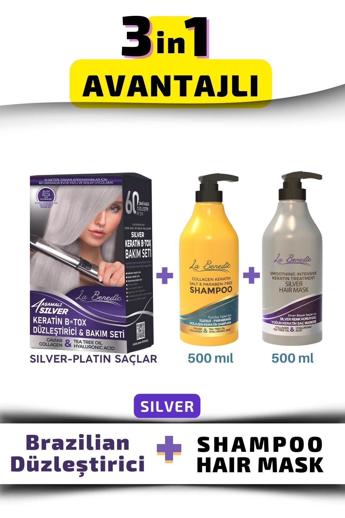 La Benedic SILVER KERATİN DÜZLEŞTİRİCİ FULL SET + ŞAMPUAN + MASKE 3'LÜ SET