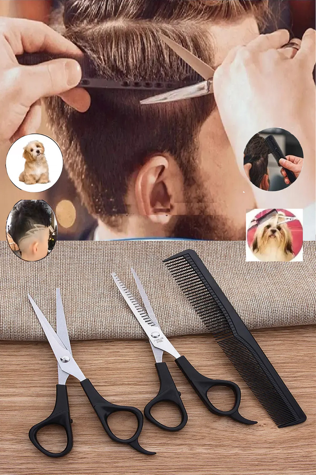 ESENLİWE Berber Traş Seti Siyah Renk Plastik Saplı Düz Makas, Ara Makas, Tarak 3'lü Set