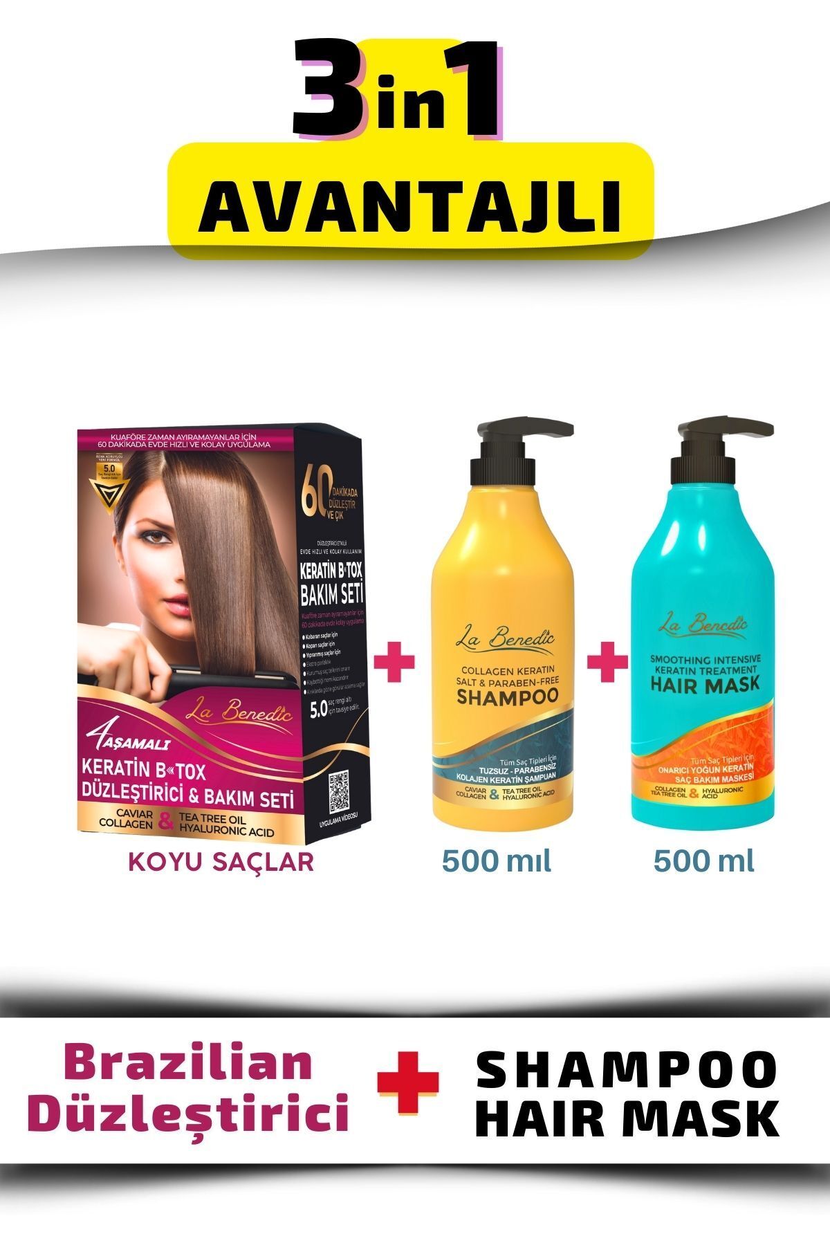 La Benedic AVANTAJLI KERATİN DÜZLEŞTİRİCİ FULL SET + ŞAMPUAN + MASKE 3'LÜ SET (KOYU RENKLİ SAÇLAR İÇİN)