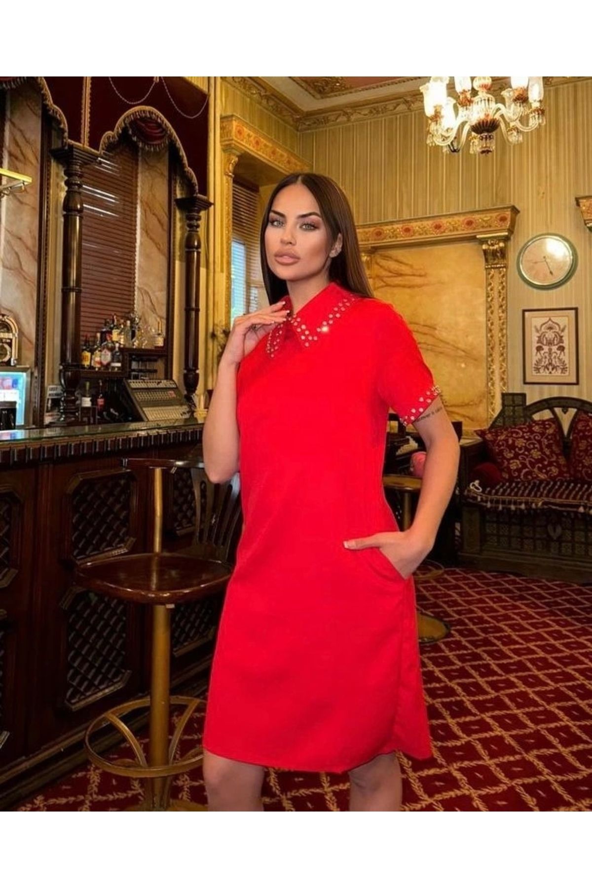 Selence-Red Dress with Stone Embroidered Collar and Sleeve DeTail 2