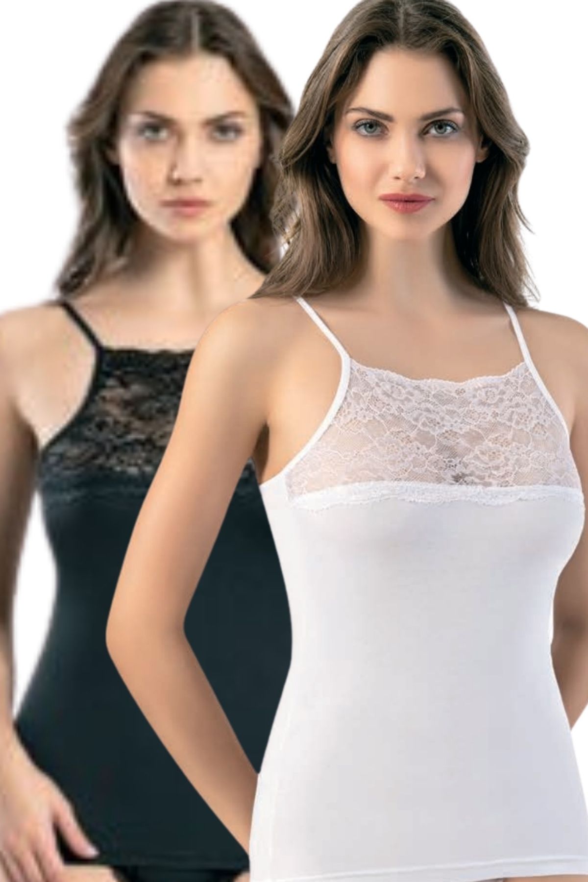 vory-Women's White Thin Strap Organza Patterned Tulle Detailed Tank Top 2