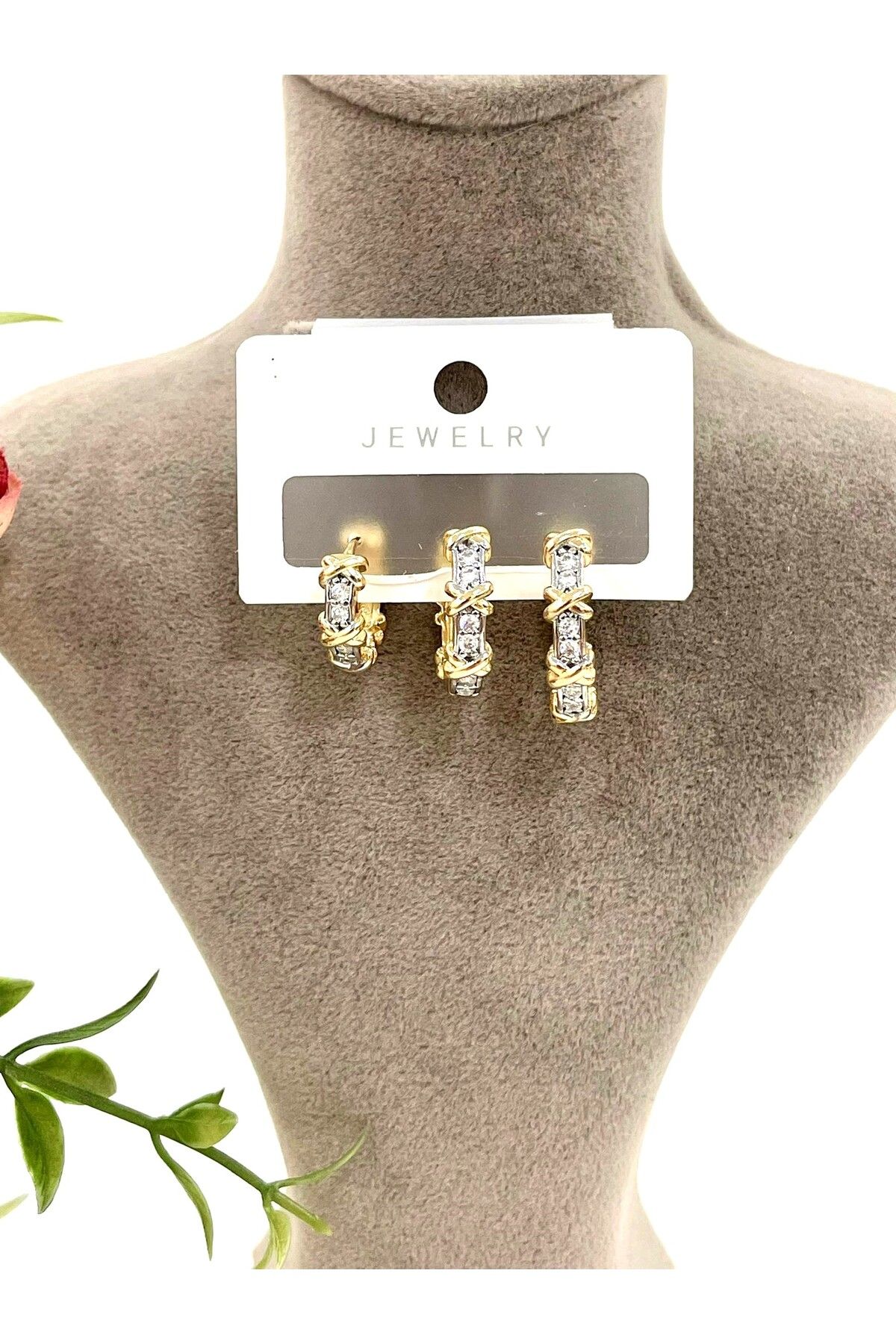 JEWELRY-Steel Gold 3-Piece Zircon Stone Tiff Earrings Set 3