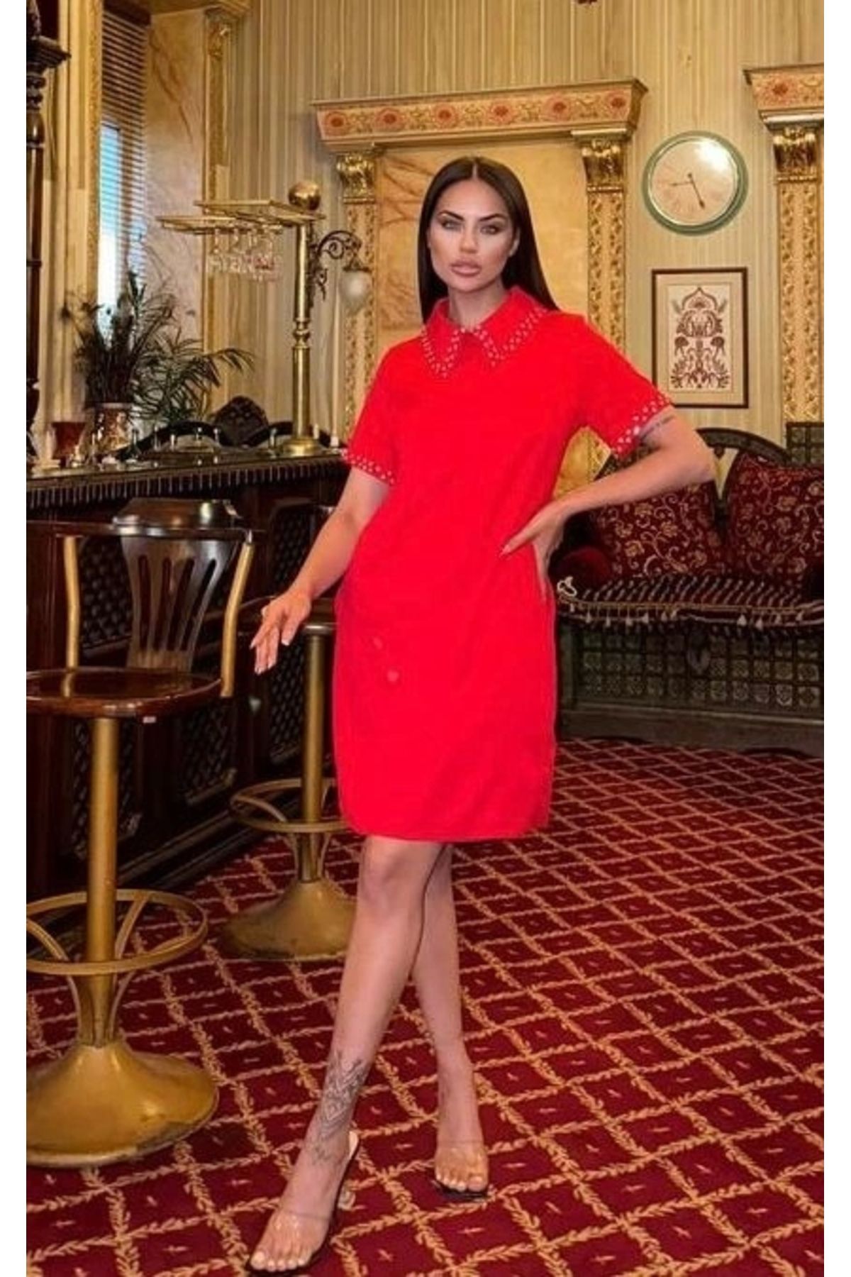 Selence-Red Dress with Stone Embroidered Collar and Sleeve DeTail 1