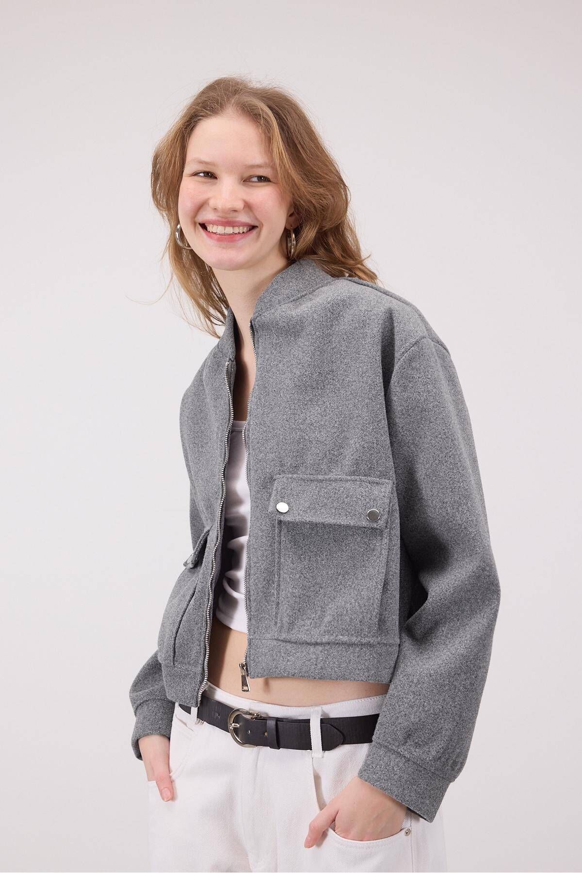 Addax-Zippered Stamped Bomber Jacket C13711-R5 5