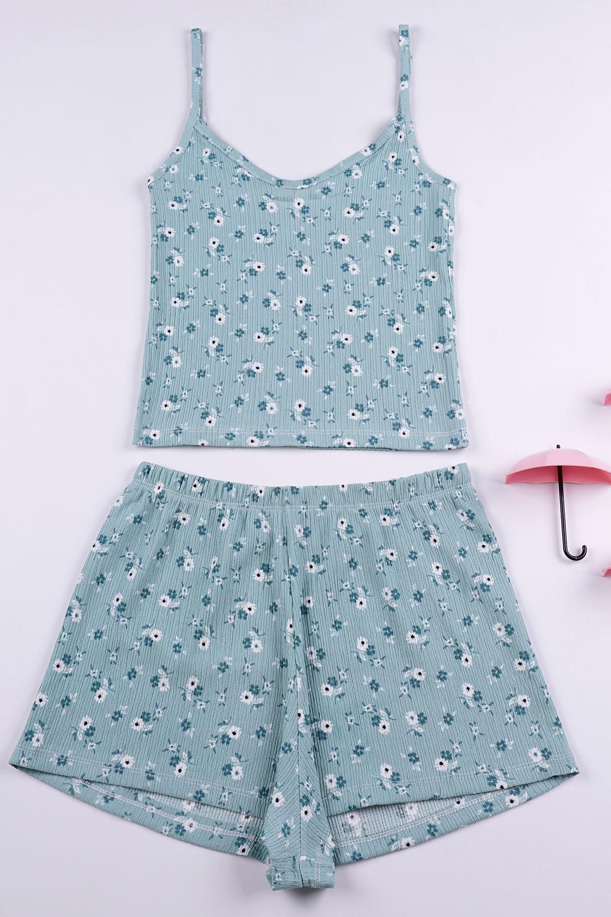 Leyna Askılı Çiçek Desenli Mint Renk Kadın Pijama Takımı