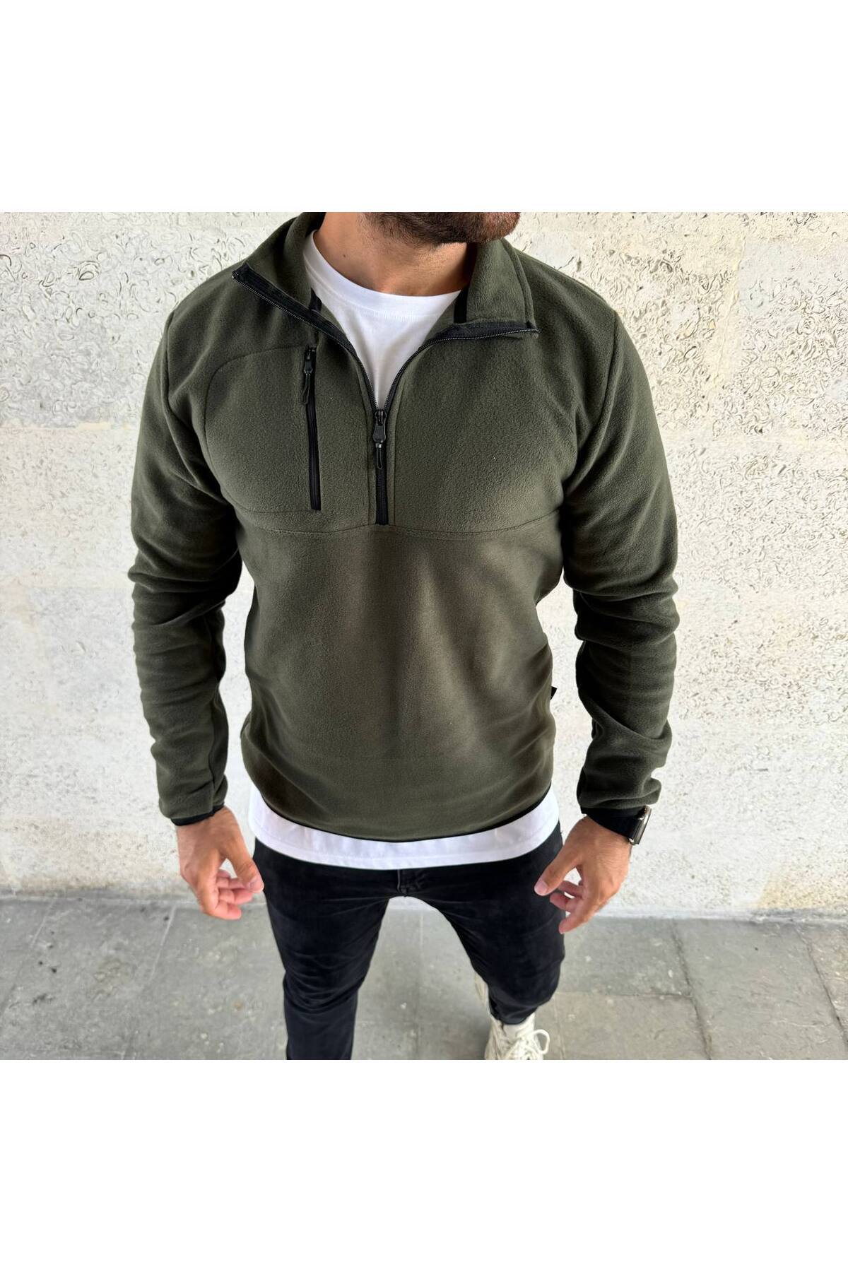 Kalın Kışlık erkek Fermuarlı Polar Sweatshirt — خاکی erv123 — تصویر 2 از 3