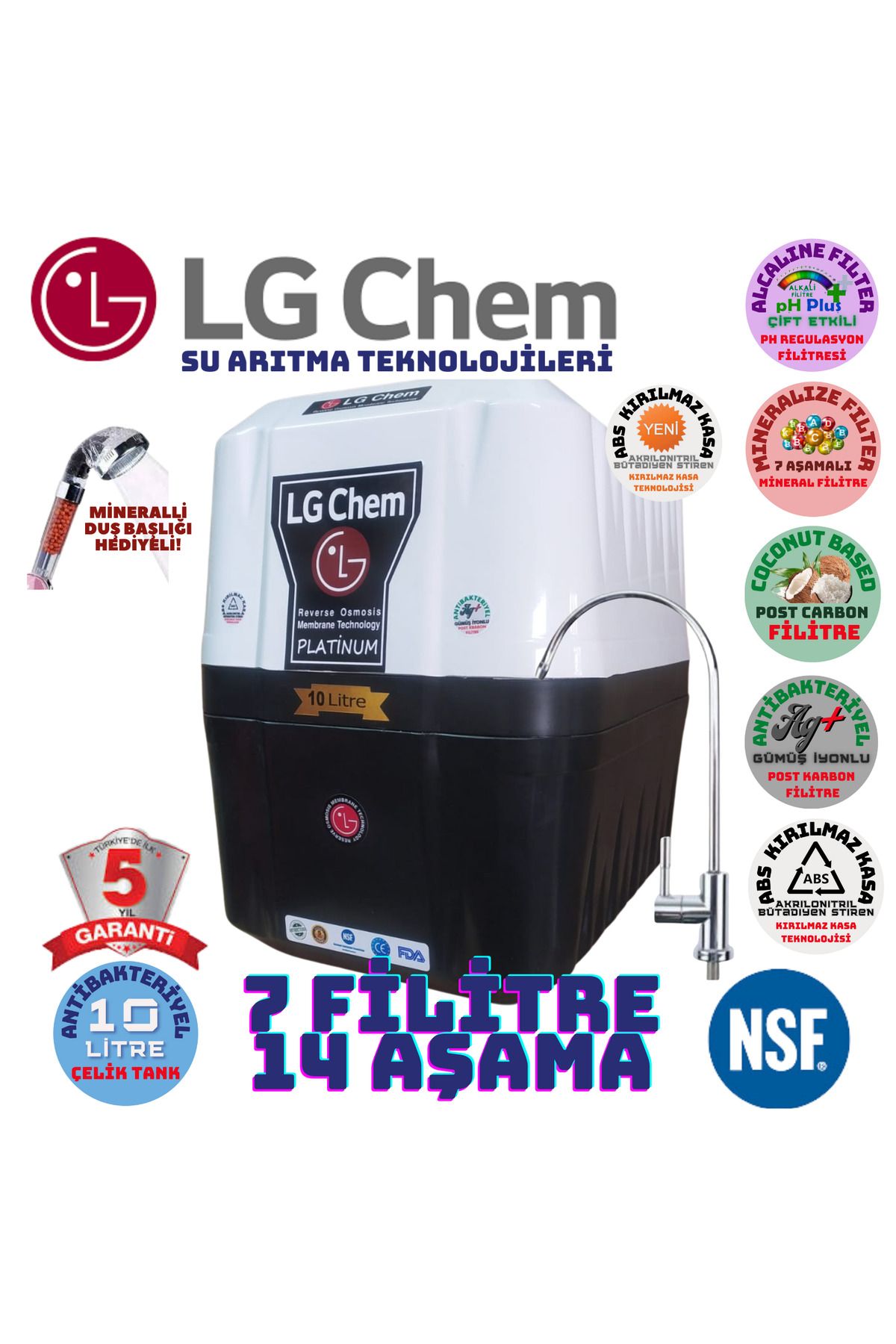 LG Chem Platınum 10 Litrelik 7 Filitre 14 Aşamalı Su Arıtma Cihazı Duş Başlığı Hediyeli