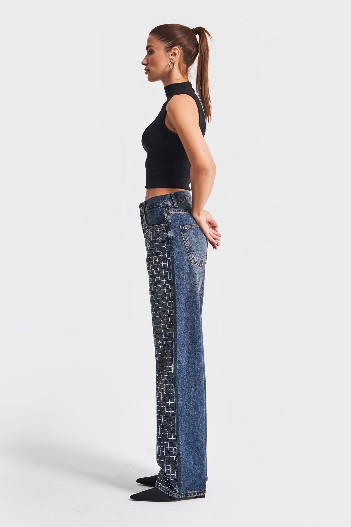 its basic-Blugi Culoare Talie mijlocie Strasuri strălucitoare Denim - Loose Fit T2W48 5