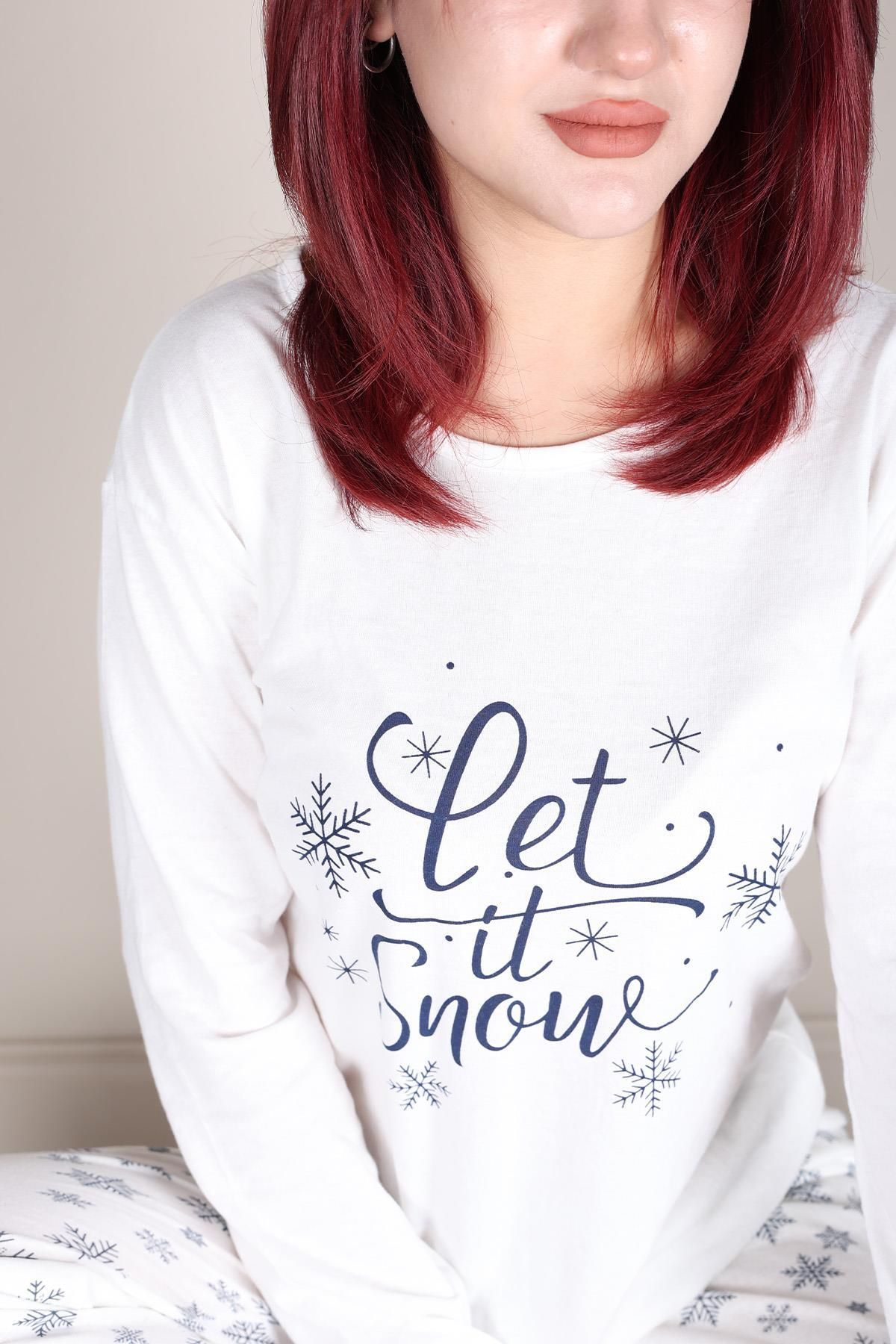 Niket Life-White "Let It Snow" Long Sleeve Pajamas Set with Slogan and Snowflake Print 3