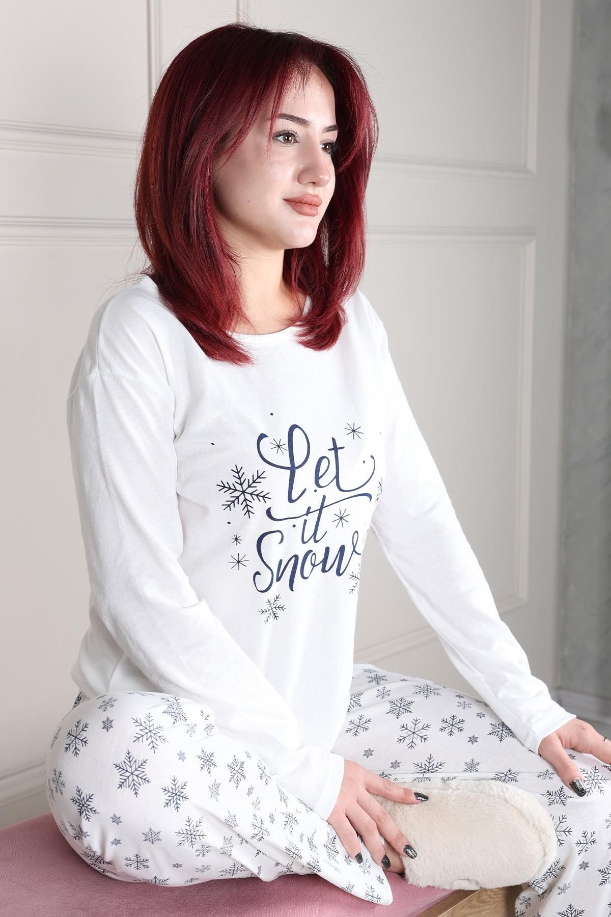 Niket Life-White "Let It Snow" Long Sleeve Pajamas Set with Slogan and Snowflake Print 4