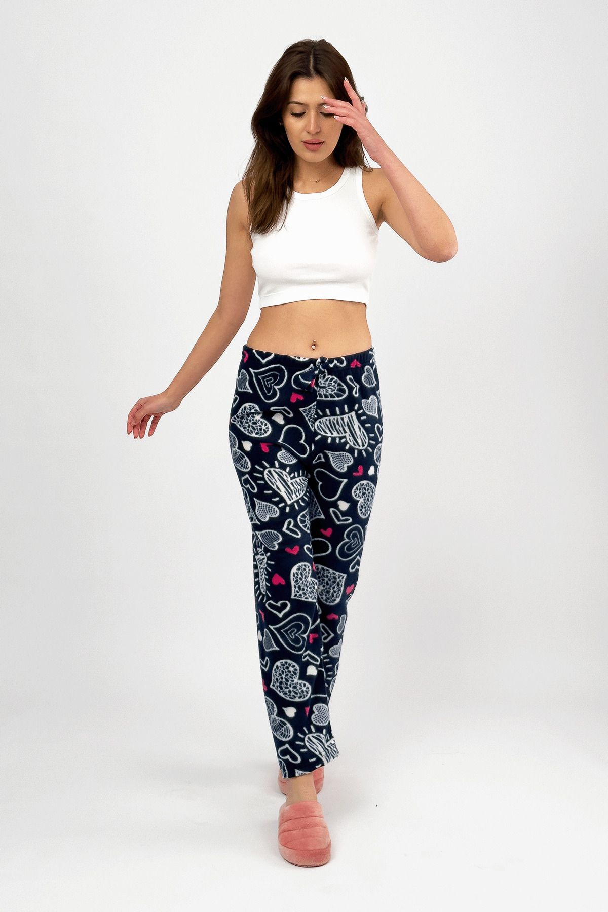 Betimoda-White Big Heart Women's Fleece Pajama Bottoms Winter Elastic Waist Single Bottom 2