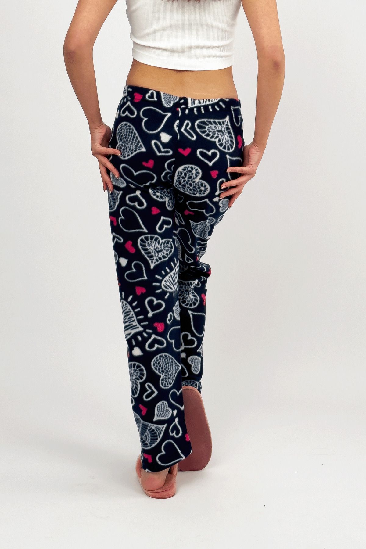 Betimoda-White Big Heart Women's Fleece Pajama Bottoms Winter Elastic Waist Single Bottom 8