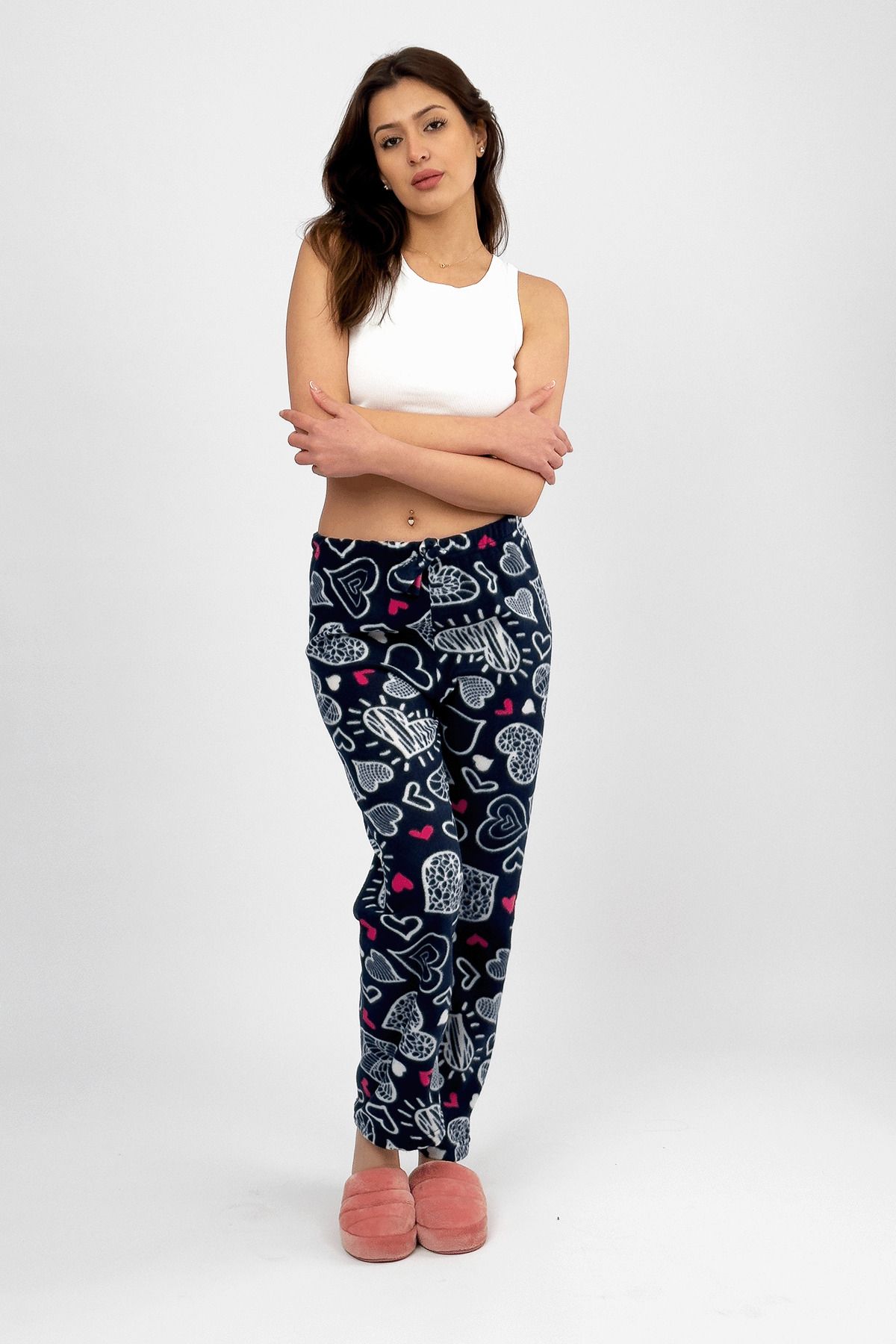 Betimoda-White Big Heart Women's Fleece Pajama Bottoms Winter Elastic Waist Single Bottom 4