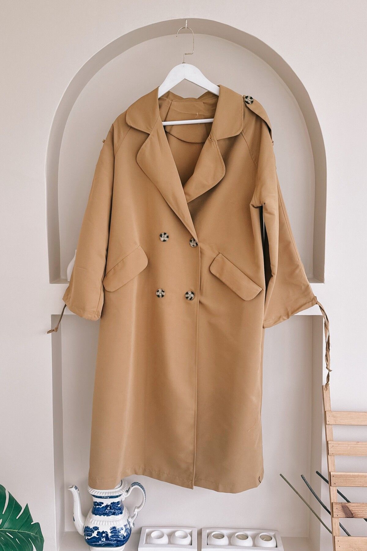 ButikMoor-Mo201 Buttoned Belted Camel Trench Coat 1