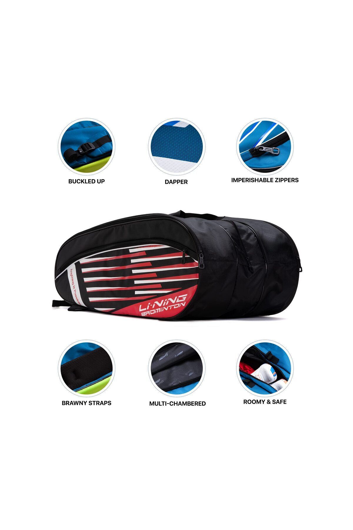 Li-Ning-Flash Double Zipper Badminton Kit Bag | Black/red | Spacious Sports Bag | Badminton Accessories 5