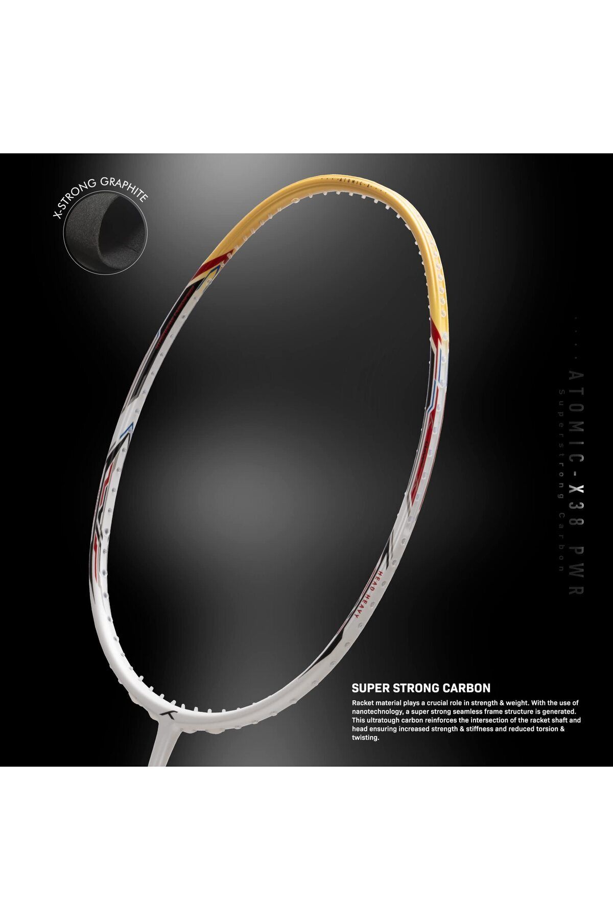 Hundred-Atomic-x 38 Pwr Carbon Fibre Badminton Racket | White/gold | Strung With Full Cover 4