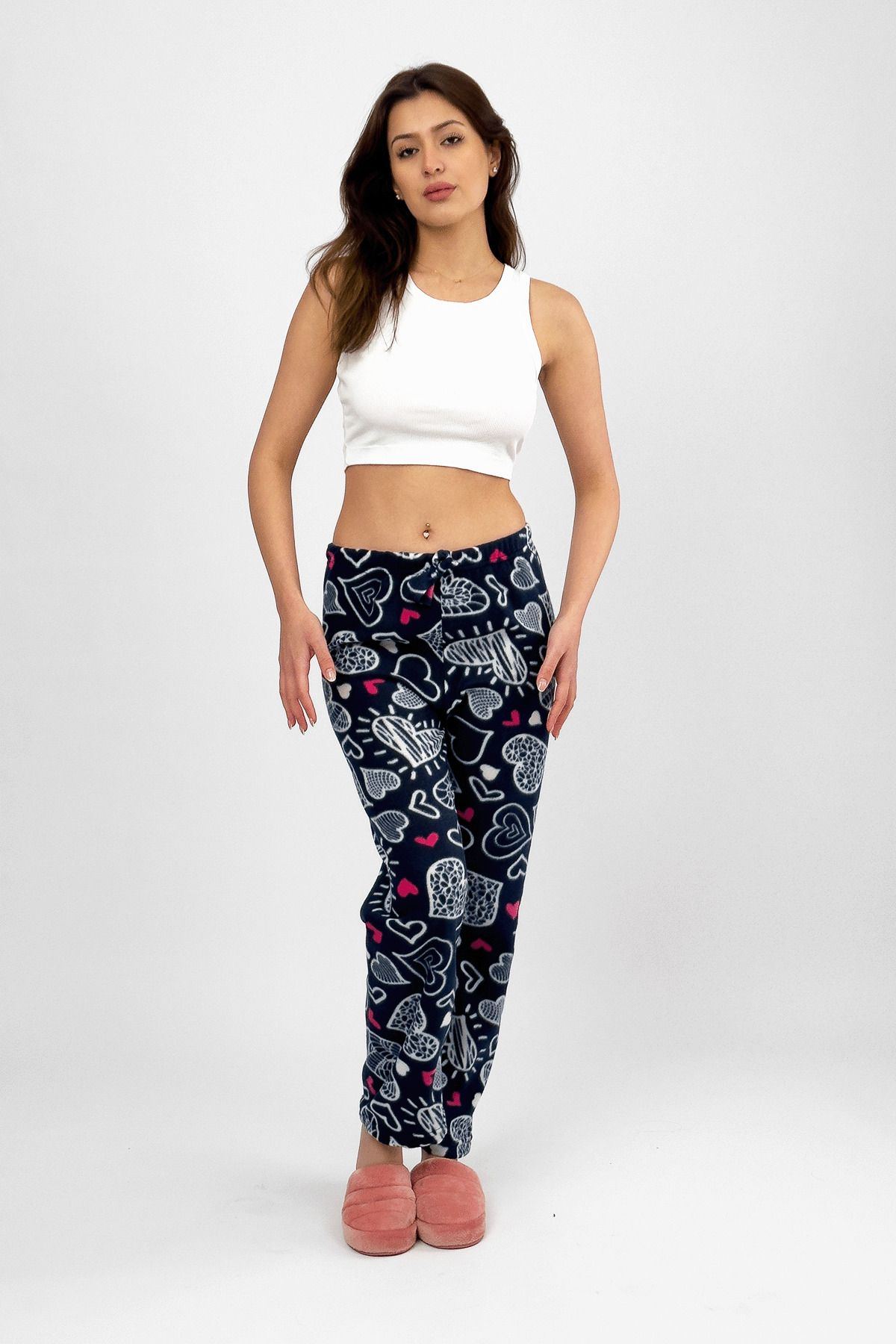 Betimoda-White Big Heart Women's Fleece Pajama Bottoms Winter Elastic Waist Single Bottom 3