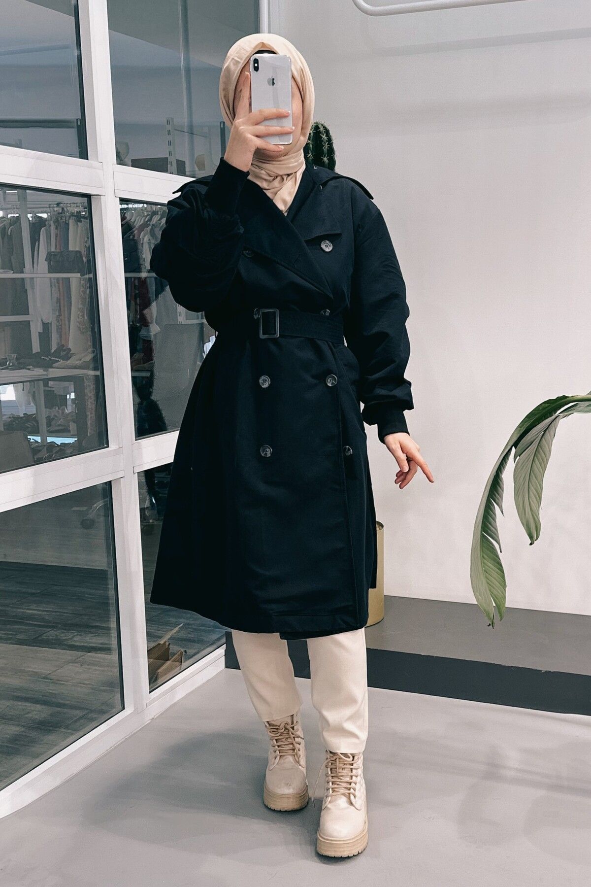 ModaSelin-Ms194 Sleeve Gathered Black Trench Coat 3