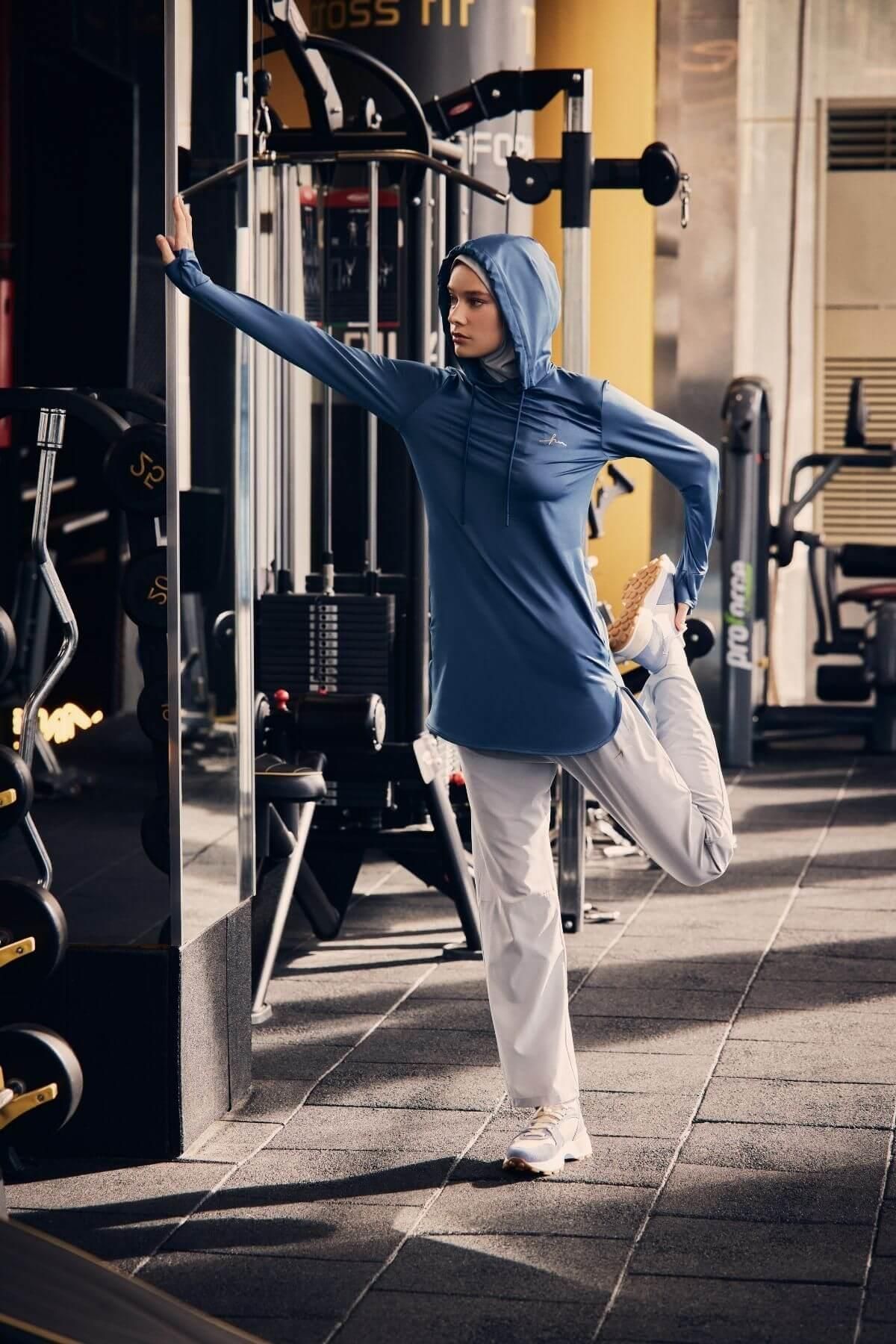 Haşema-Active Long Sleeve Hooded Blue Hijab Training Sweatshirts Act-6 1