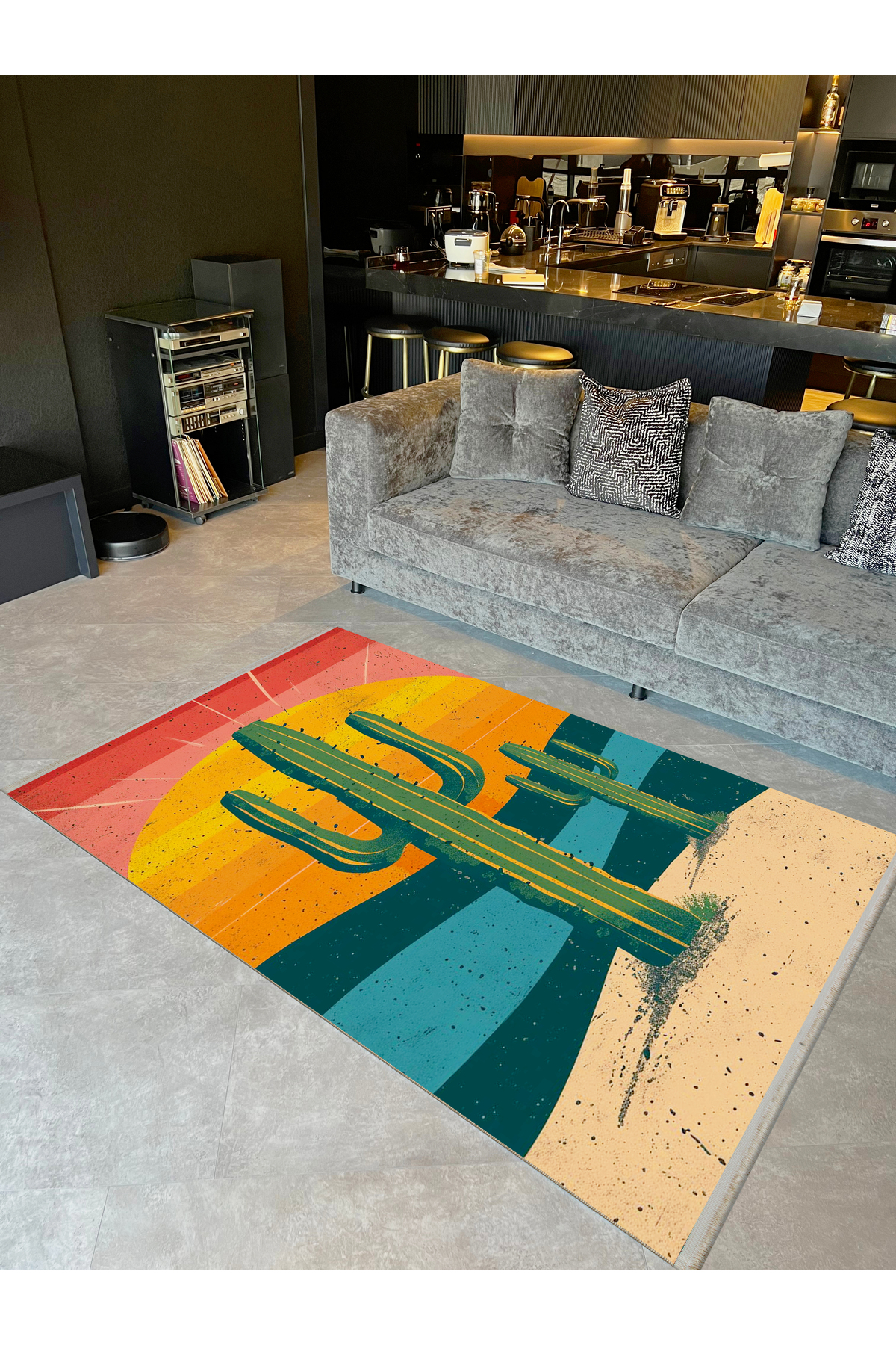 Aynur Collection Two Cacti Detailed Woven Sole Modern Rug with Multicolor Aged Appearance Aynur28