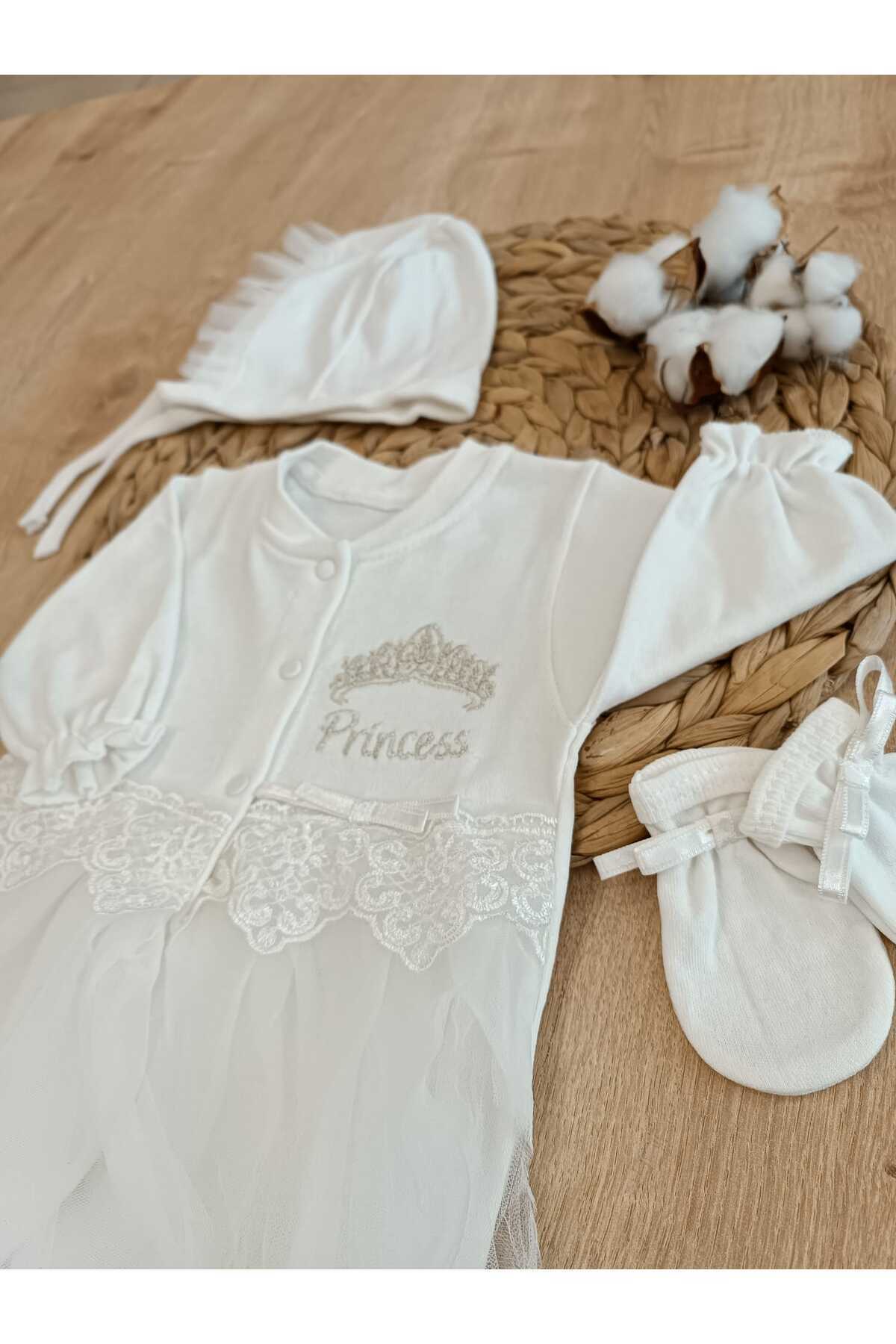 Tomuycuk Yenidoğan 10'lu Hastane Çıkışı %100 Pamuklu Özel Tasarım Mevsimlik Nakışlı Kız Bebek Ekru Hediyelik fotoğrafı 4 (önizleme)