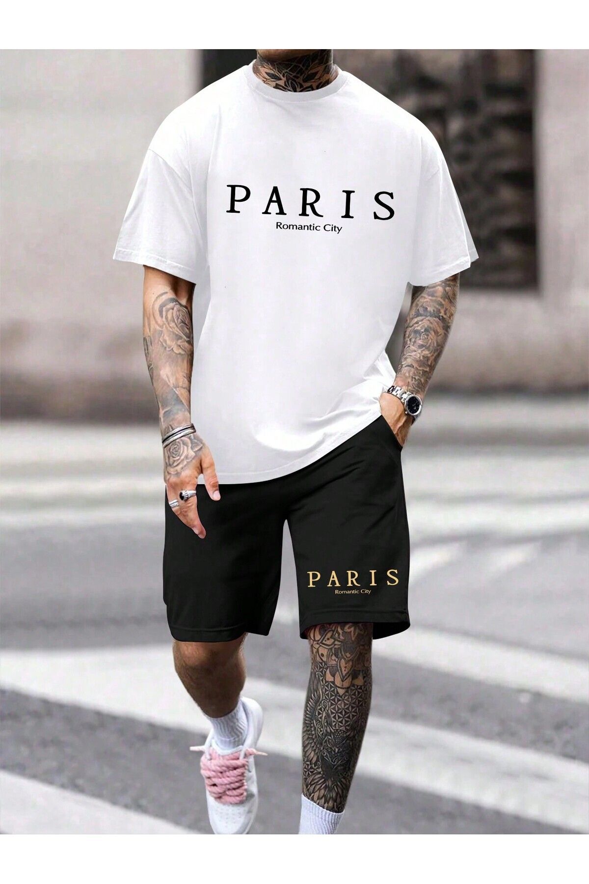 Mythologie Paris Romantic T-shirt Penye Şort - Beyaz Siyah Şort Tişört Takım Baskılı Oversize Bisiklet Yaka