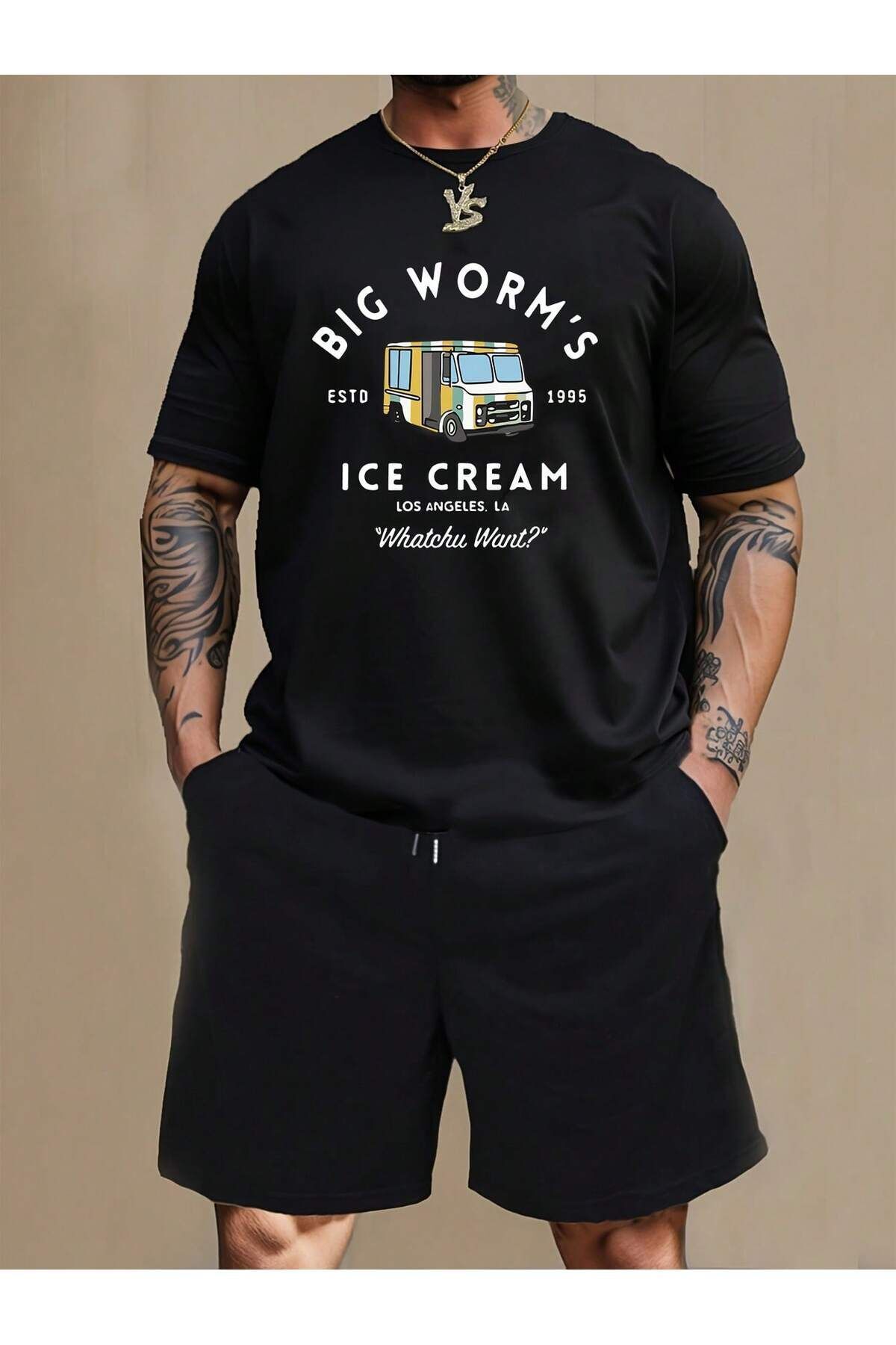 Mythologie Big Worms T-Shirt Penye Şort - Siyah Alt Üst Takım Baskılı Oversize Bisiklet Yaka