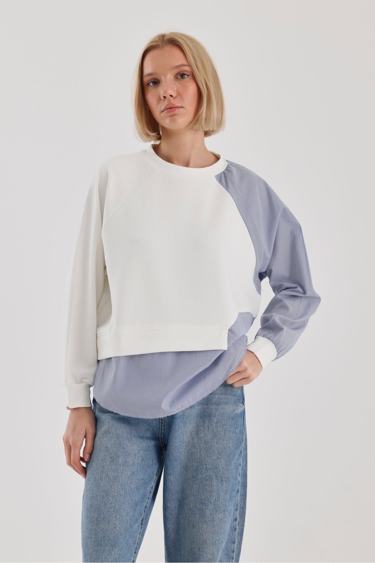 soBasic-Casual Style Block Pattern Crew Neck Raglan μανίκι φούτερ-S - Λευκό 8