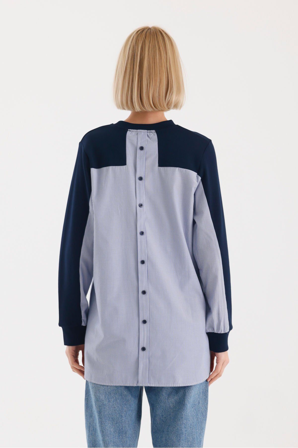soBasic-Μπλε Navy Relaxed Sweatshirt - Casual Style, Color Block, Ύφασμα Poplin, Bird Eye Detail - M 4