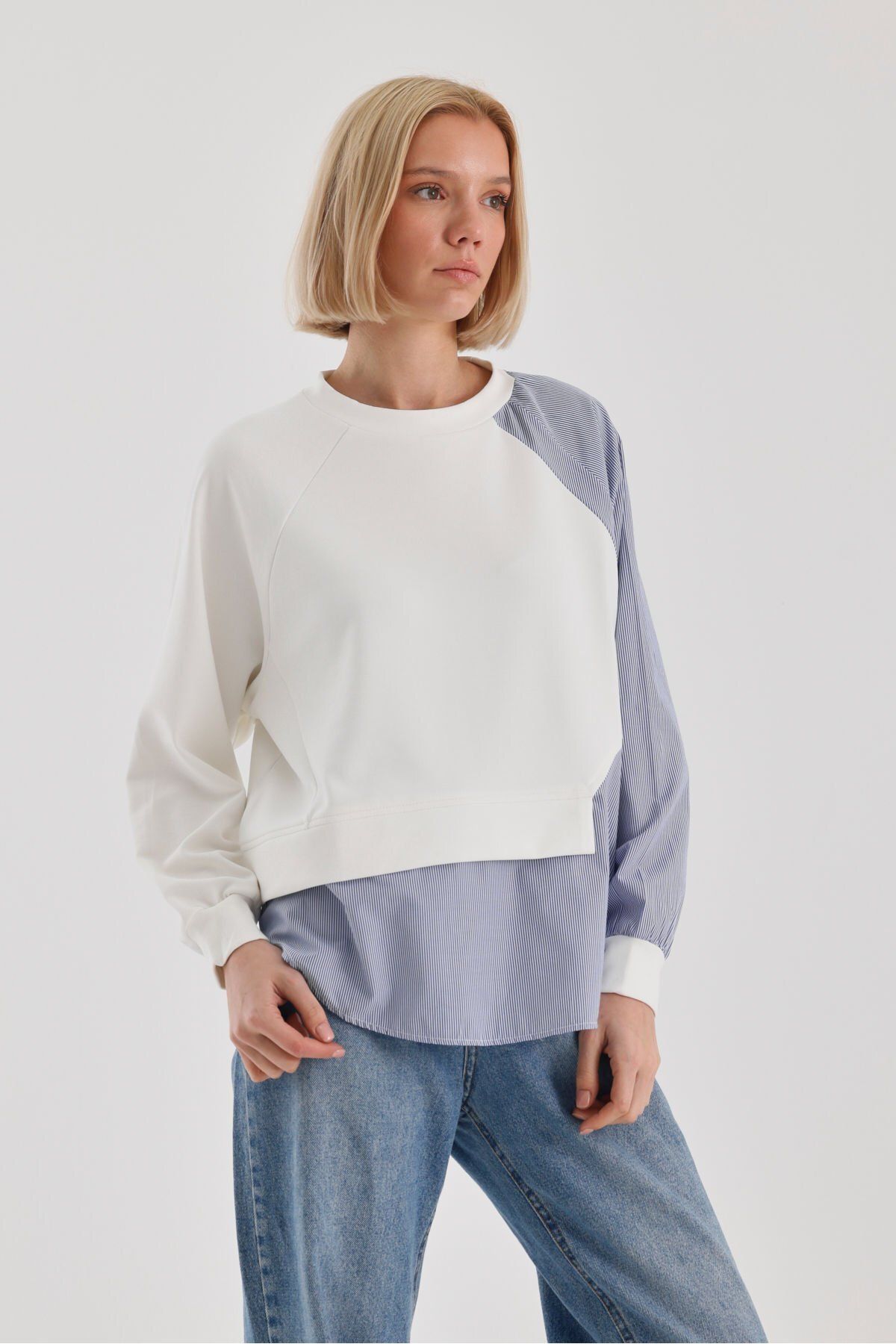 soBasic-Casual Style Block Pattern Crew Neck Raglan μανίκι φούτερ-S - Λευκό 2