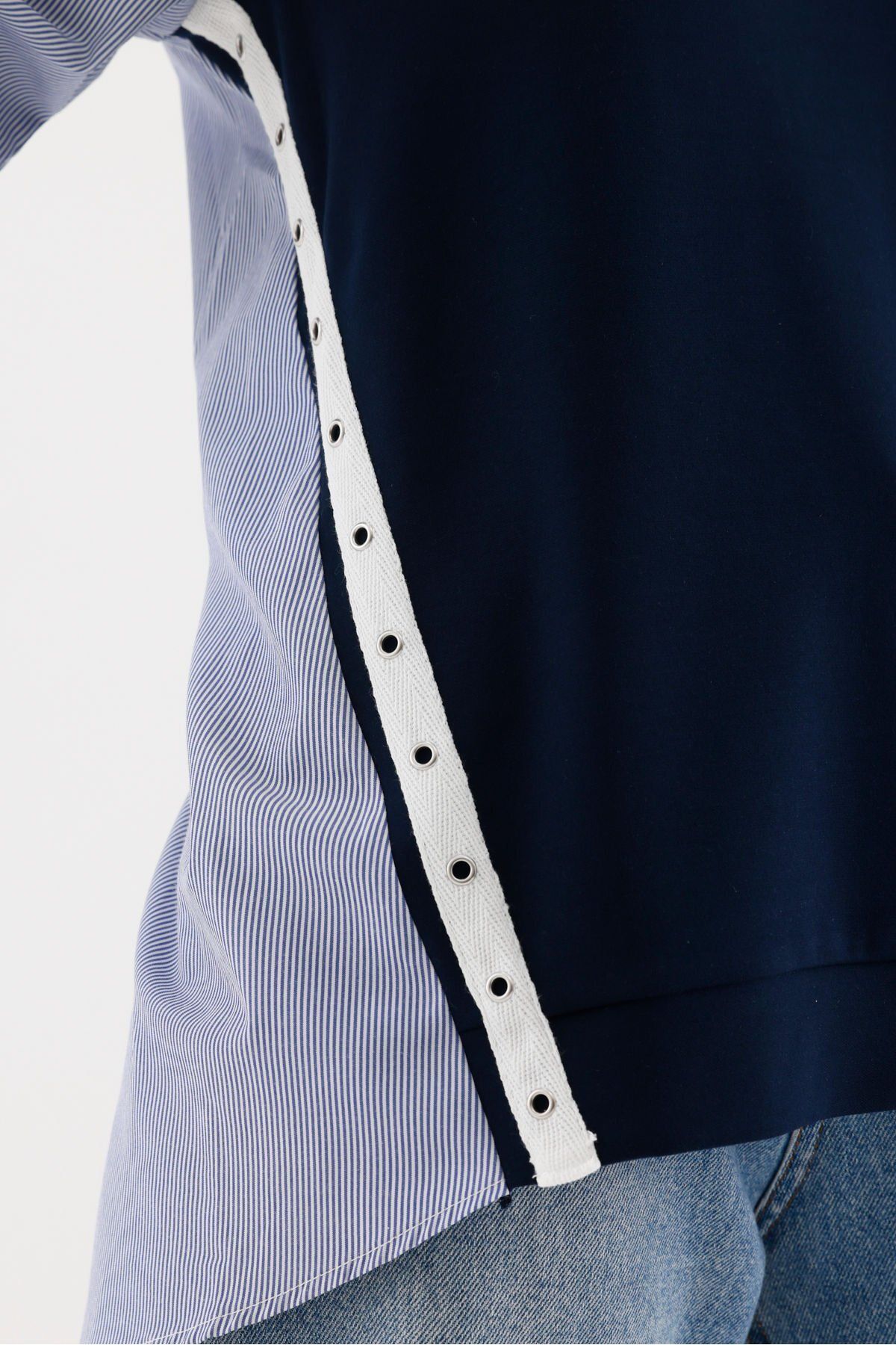 soBasic-Μπλε Navy Relaxed Sweatshirt - Casual Style, Color Block, Ύφασμα Poplin, Bird Eye Detail - M 8