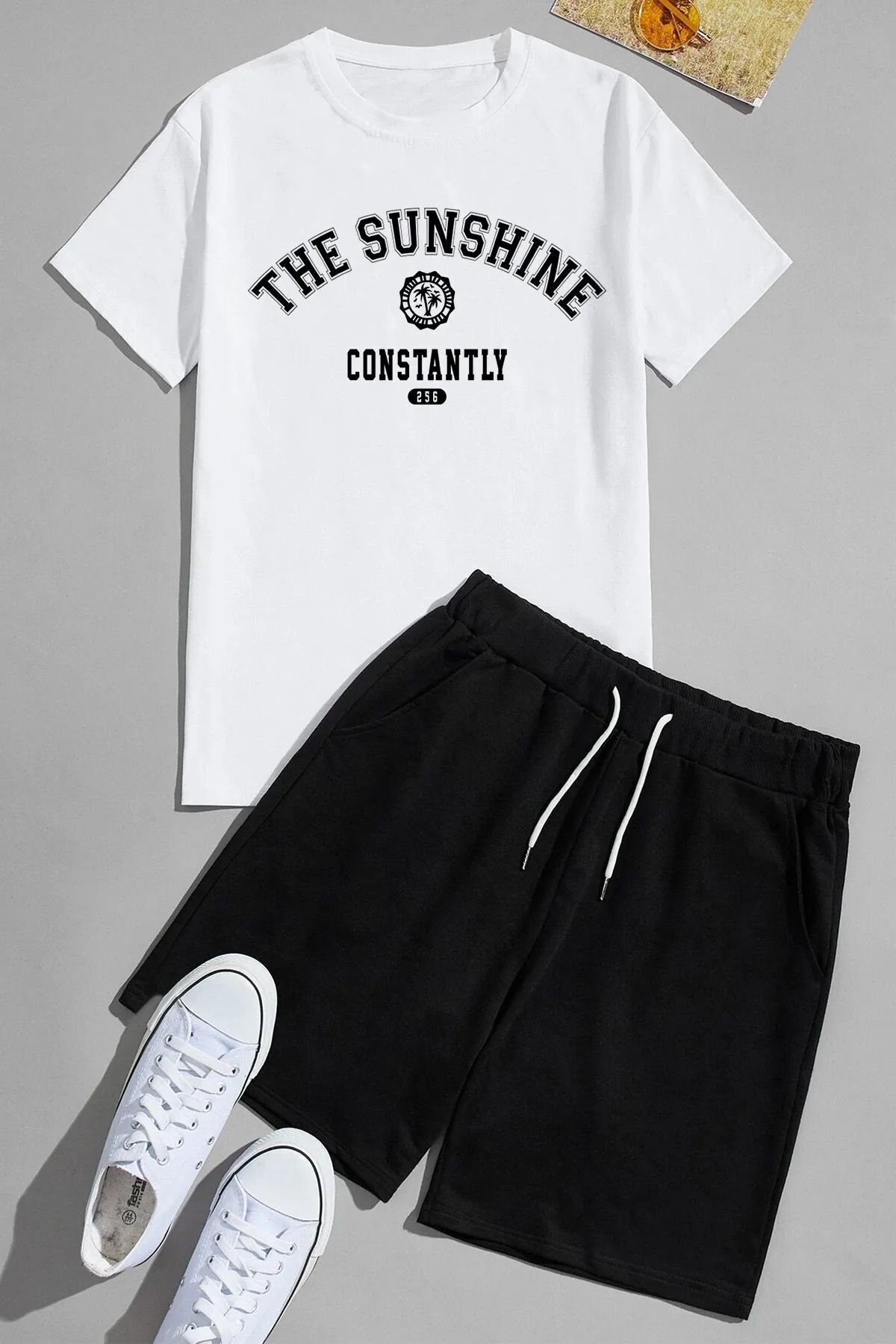 Mythologie The Sunshine T-shirt Penye Şort - Beyaz Siyah Şort Tişört Takım Baskılı Oversize Bisiklet Yaka