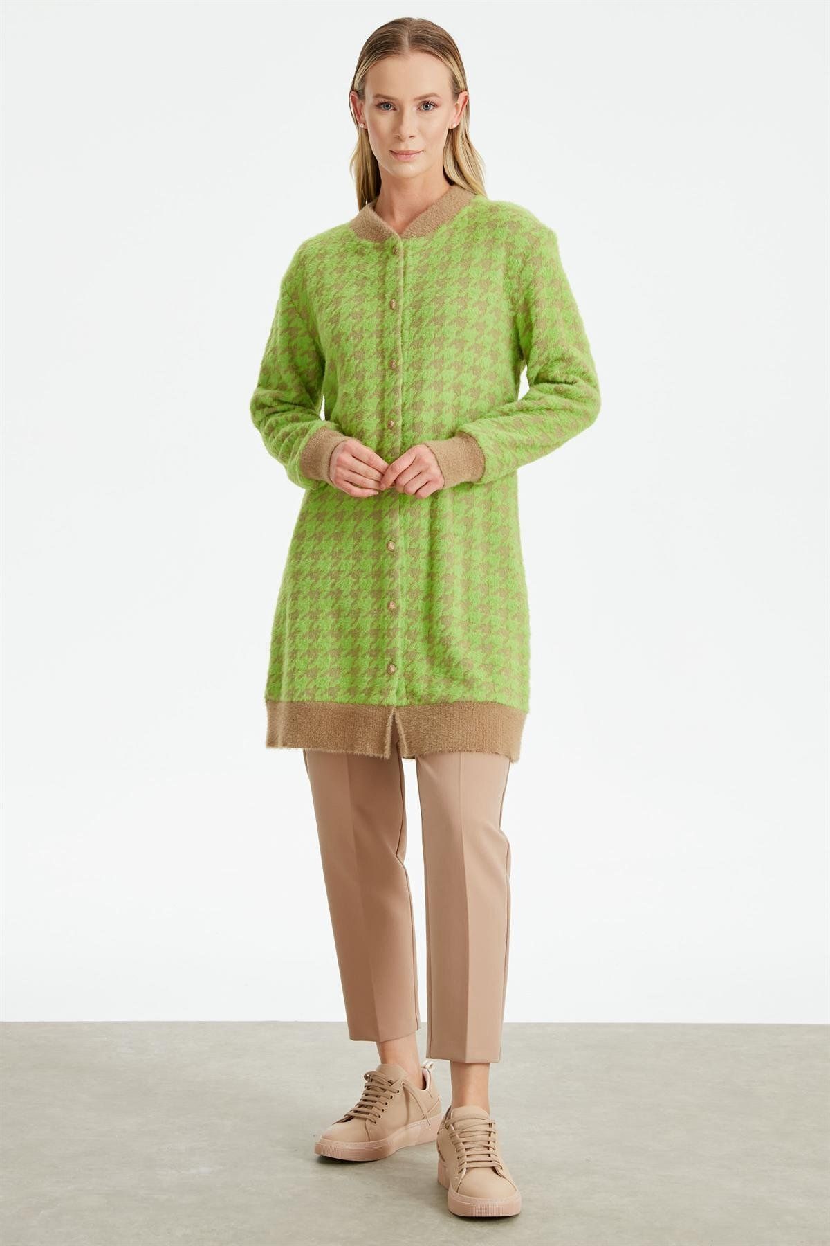 Tığ Triko-Lime Colored Houndstooth Bomber Collar Cardigan 1