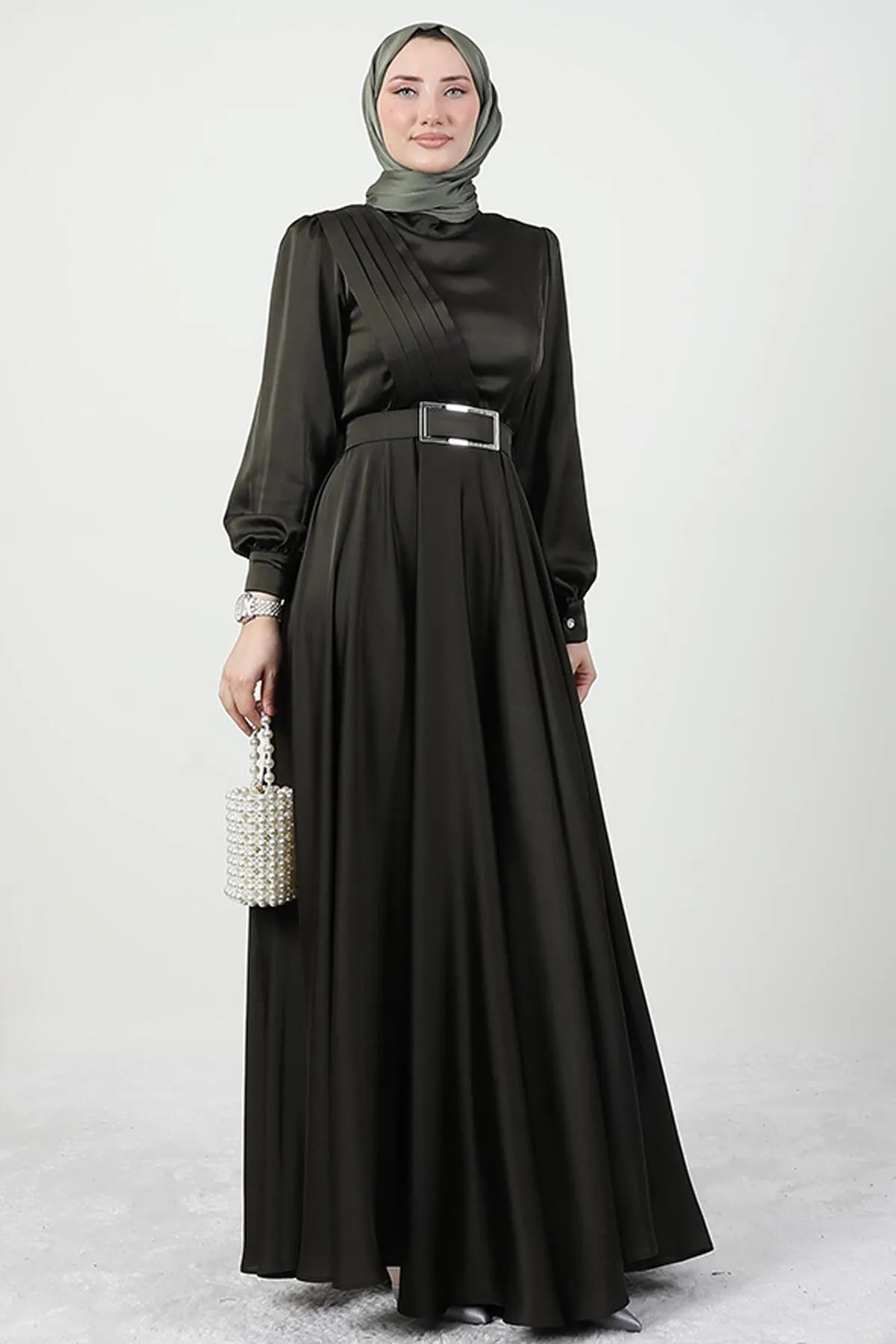 Pleated Front Modest Evening Dress Khaki
