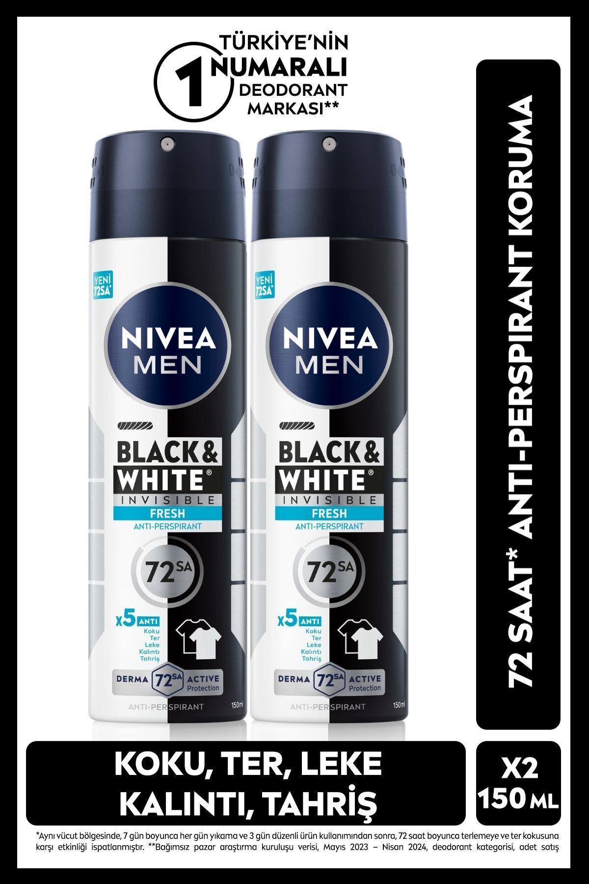اسپری مردانه دئودورانت سیاه و سفید Invisible Fresh 150ml، 72 ساعت محافظ ضد تعریق، X2 Pieces NIVEA