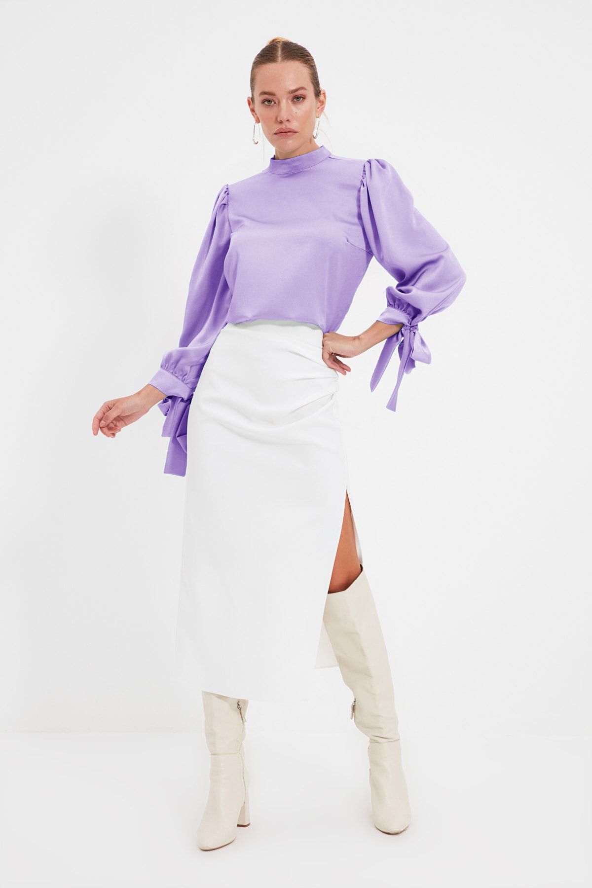 Trendyol Collection-Bluză țesătă cu detaliu de legare liliac TOFAW19FG0082 2