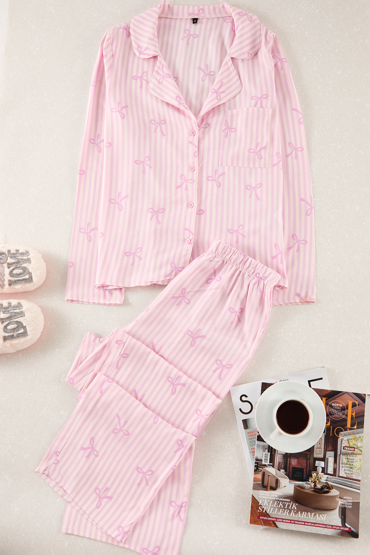 Trendyolmilla  Açık Pembe Kurdele/Fiyonklu Viskon Dokuma Pijama Takımı THMAW21PT0936 - Görsel 6