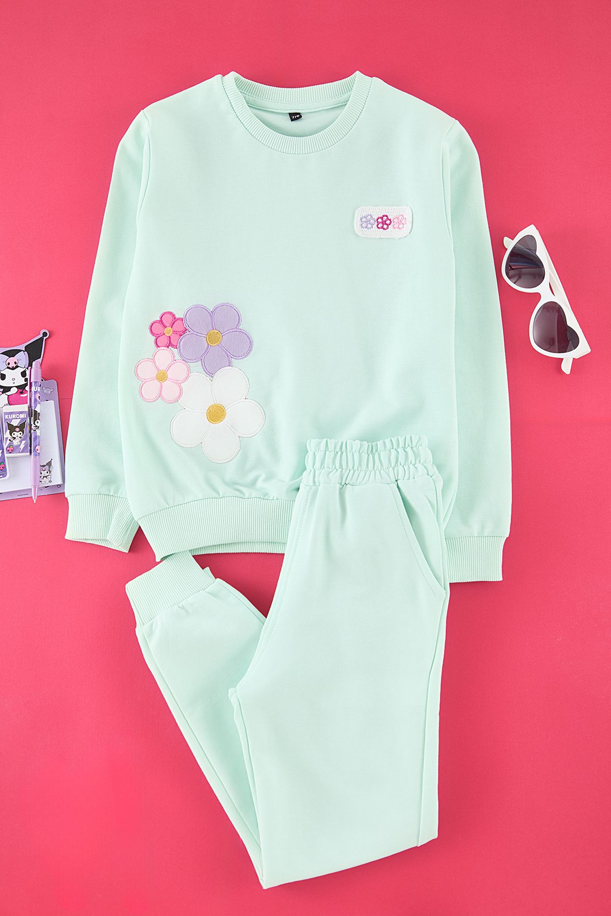 TRENDYOLKIDS-Menta virágmintás kötött szett - TKDAW25AU00160 1